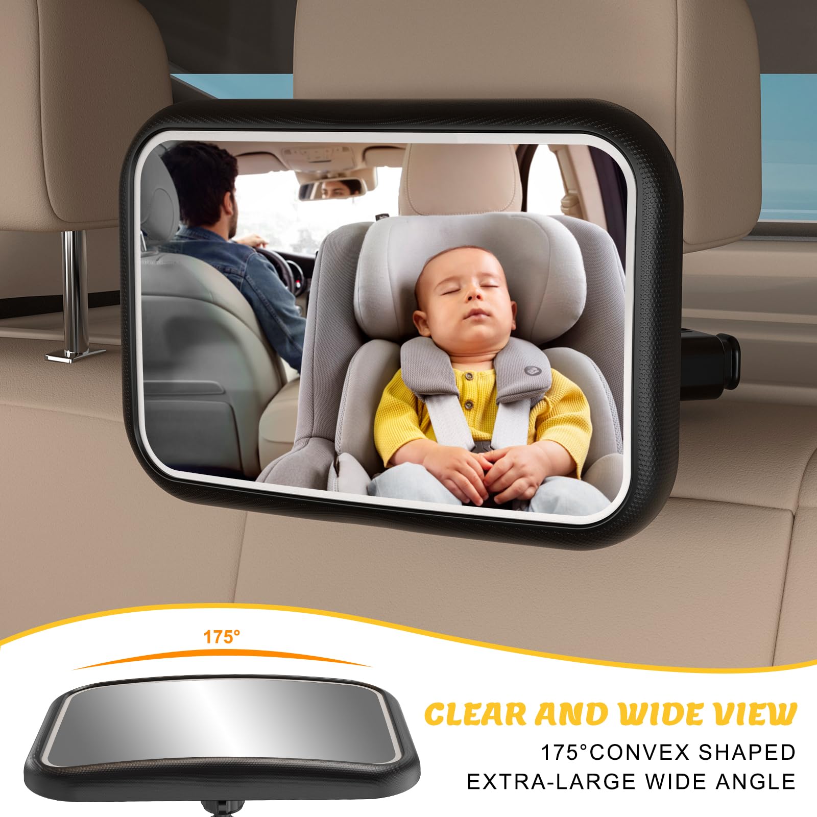 Espejo de coche para bebé con luz, control remoto, espejo de asiento trasero para bebé, 7 modos de luz RGB, rotación de 360°, espejo de asiento de coche recargable para bebé, inastillable y gran