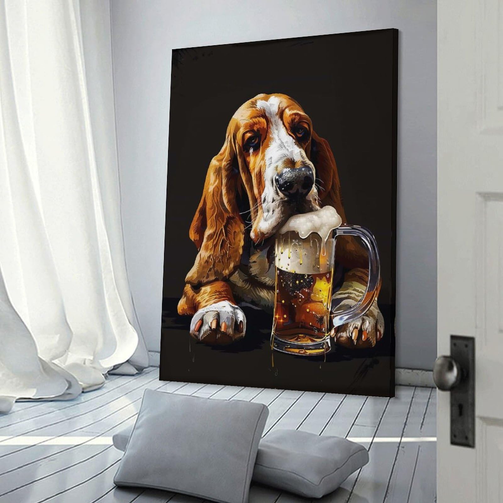 Junmoney Basset Hound Beer Canvas Wall Picture, 24x36inch(60x90cm), for Front Hall, Corridor Or Welcome Spaces, Wall Decor to Refresh Empty Corners