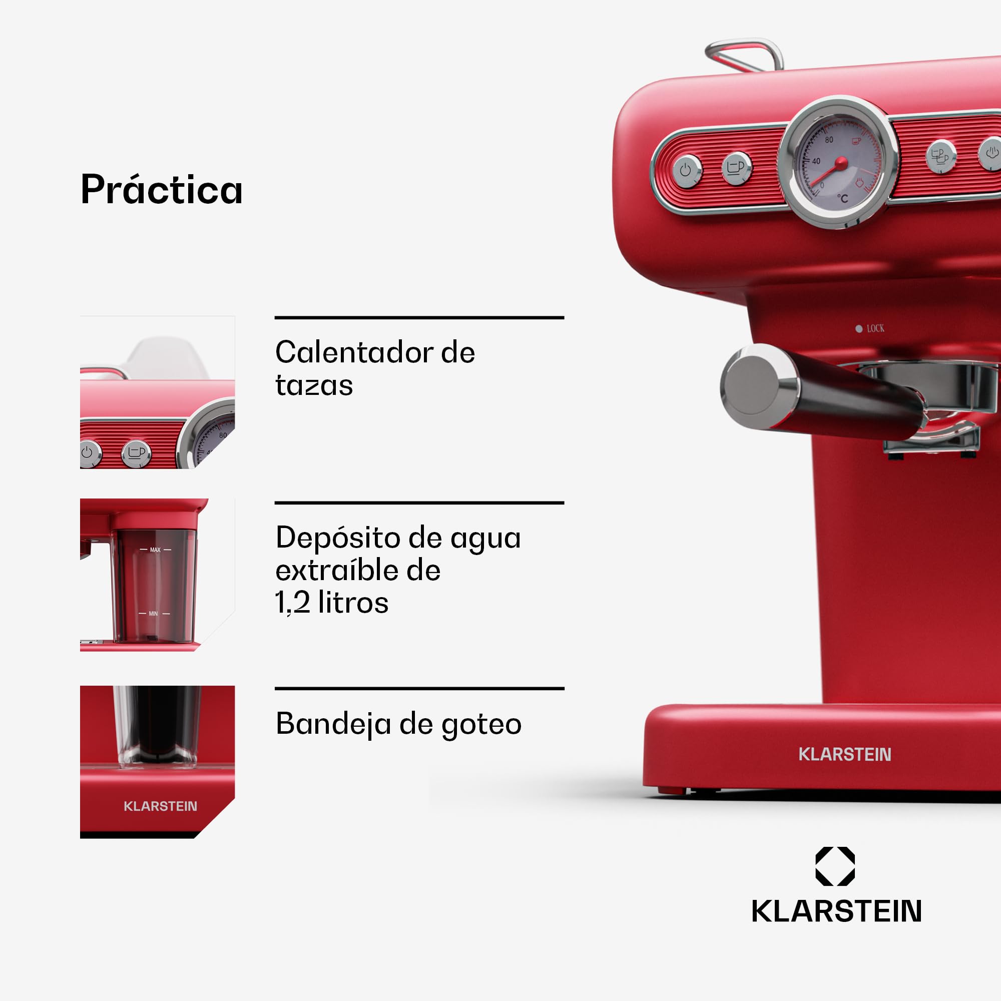 Klarstein Cafetera Espresso con Espumador de Leche, Mini Cafetera Espresso Retro de 1,2 litros con Portafiltro, Cafetera Pequeña de 950 W, Cafetera para Cappuccino, Latte & Macchiato