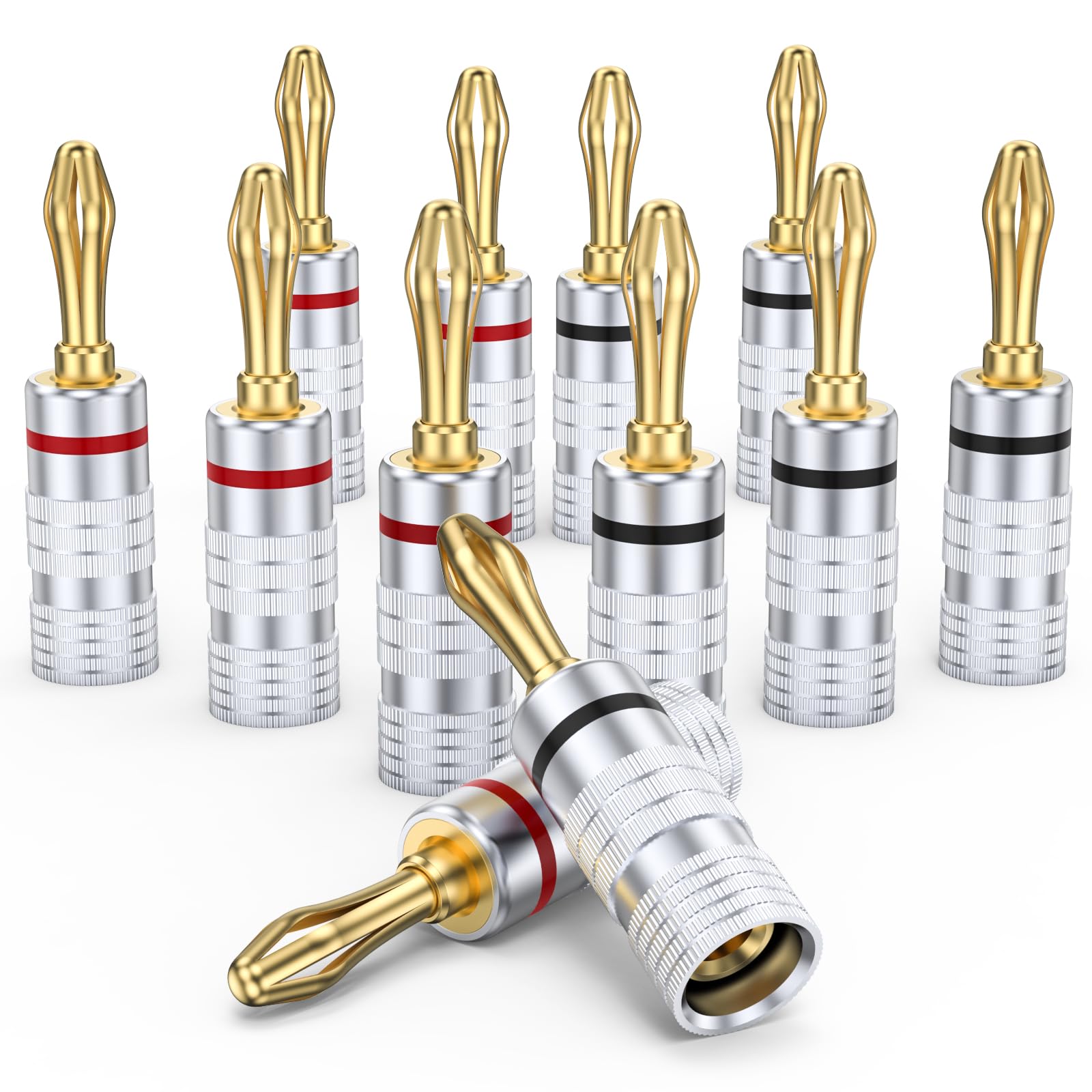 MOSWAG Banana Plugs for Speaker Wire, Brass Speaker Connectors with Dual Set Screws, Black and Red Shell Banana Plugs for Home Theater, A/V Receiver, Amplifiers and Sound Systems(6 Pairs/12 pcs)