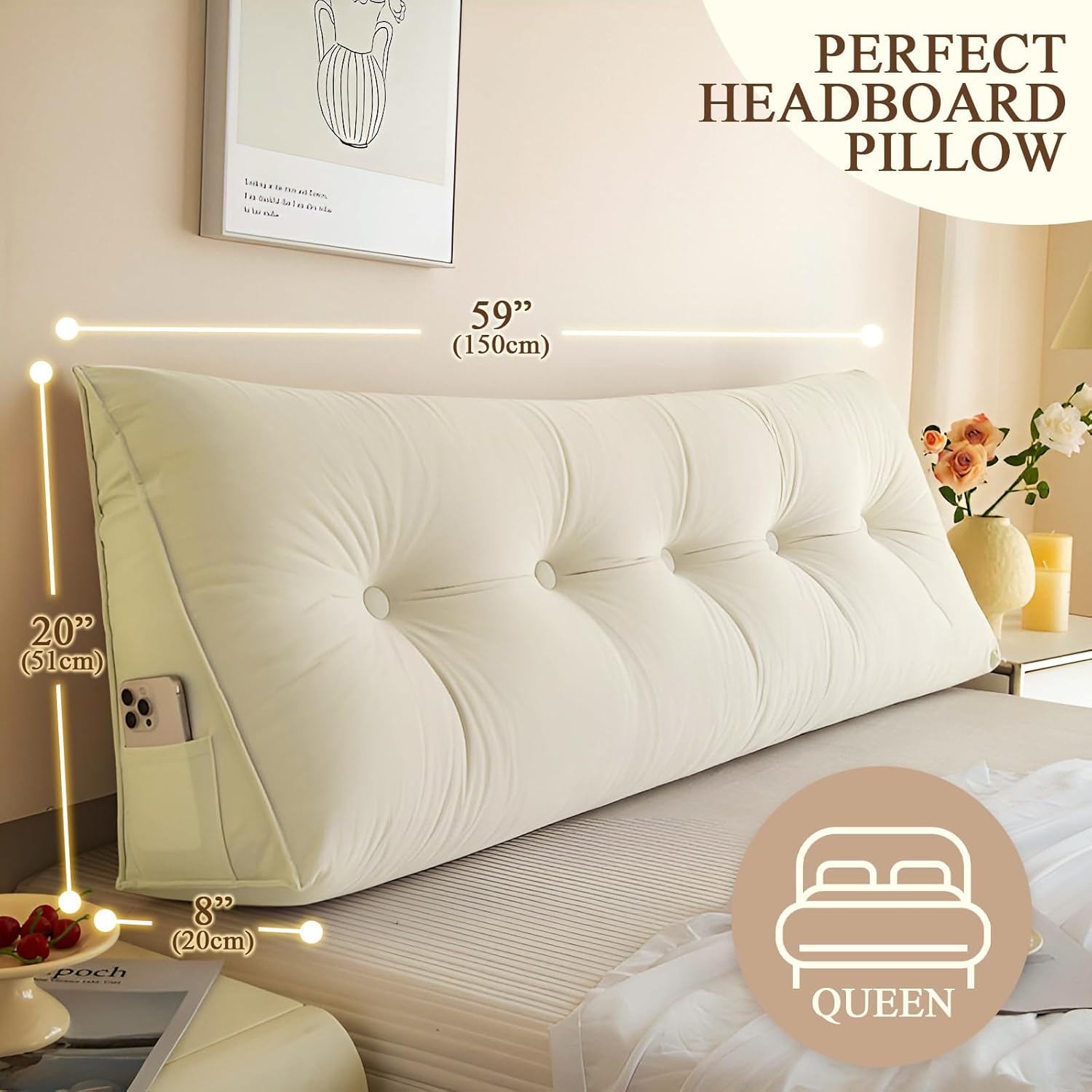 Headboard Pillow Queen, Large Triangular Wedge Headboard Pillow for Reading and Resting, Backrest Positioning Support Pillow with Removable Cover (Beige)