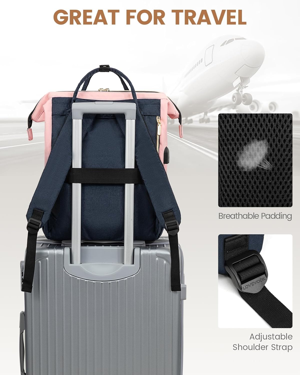 LOVEVOOK Laptop Backpack for Women Fashion Business Computer Backpacks Travel Bags Purse Doctor Nurse Work Backpack with USB Port, Fits 15.6-Inch Laptop Pink Navy