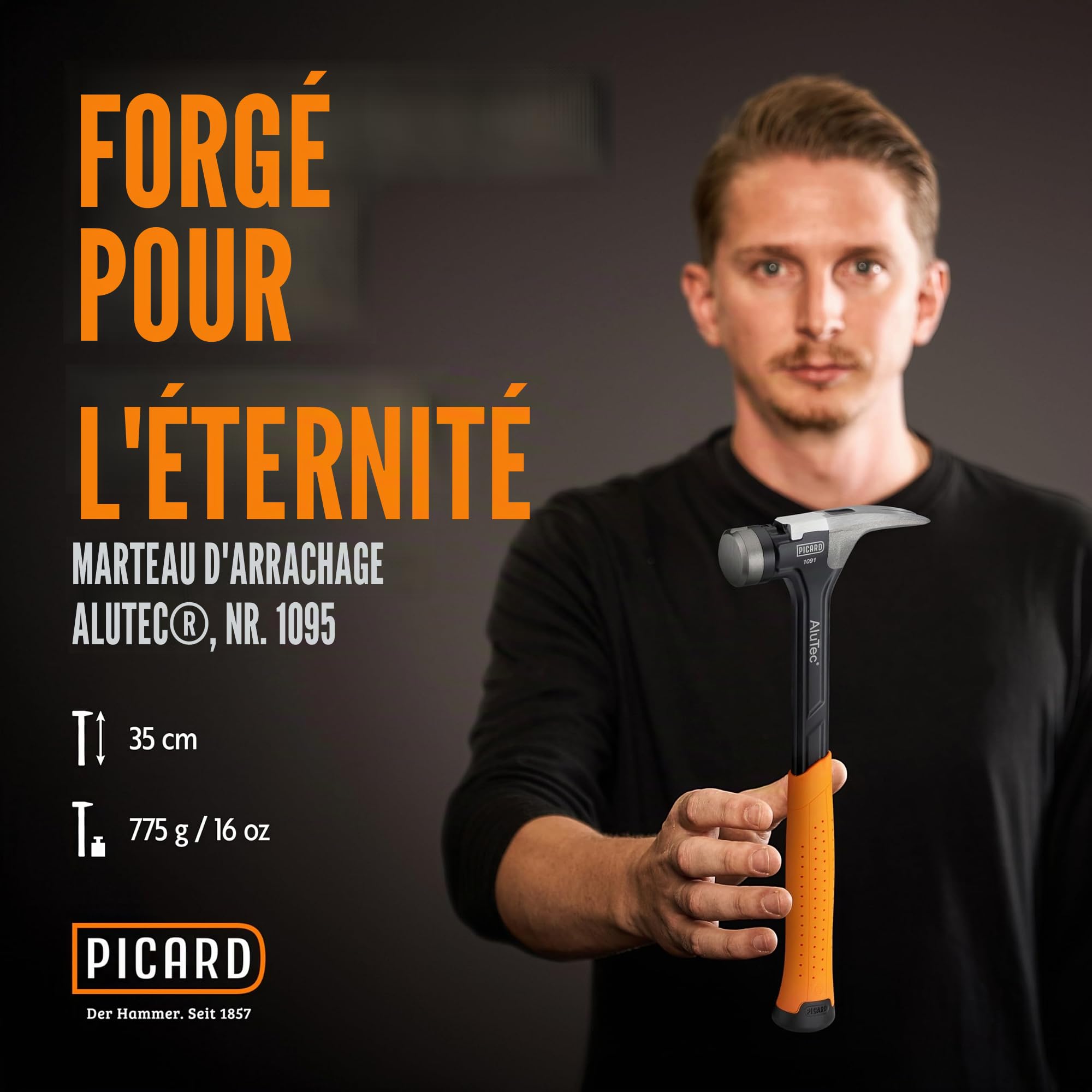 PICARD marteau de charpentier strié AluTec®, no. 1095 | Marteau arrache-clou professionnel | Léger & puissant | Ergonomique & anti-vibrations | Hammer hybride aluminium & acier forgé