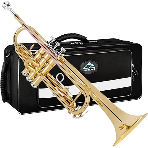 EASTROCK Bb Trumpet Standard Trumpet Set with Carrying Case,Gloves, 7C Mouthpiece, Cleaning Kit, Tuning Rod (GOLD/Phosphor Copper)