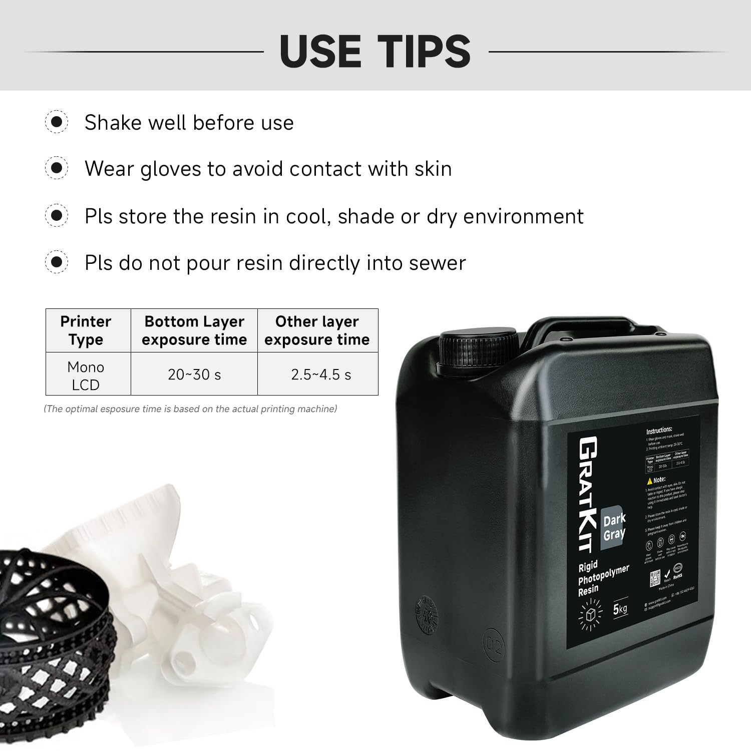GratKit 8K Rigid Resin,405nm UV-Curing 3D Printer Resin,5000g,Dark Gray | High precision low odor photopolymer resin,low shrinkage 8K/10K 3D printing resin,low viscosity,easy to use,good fluidity