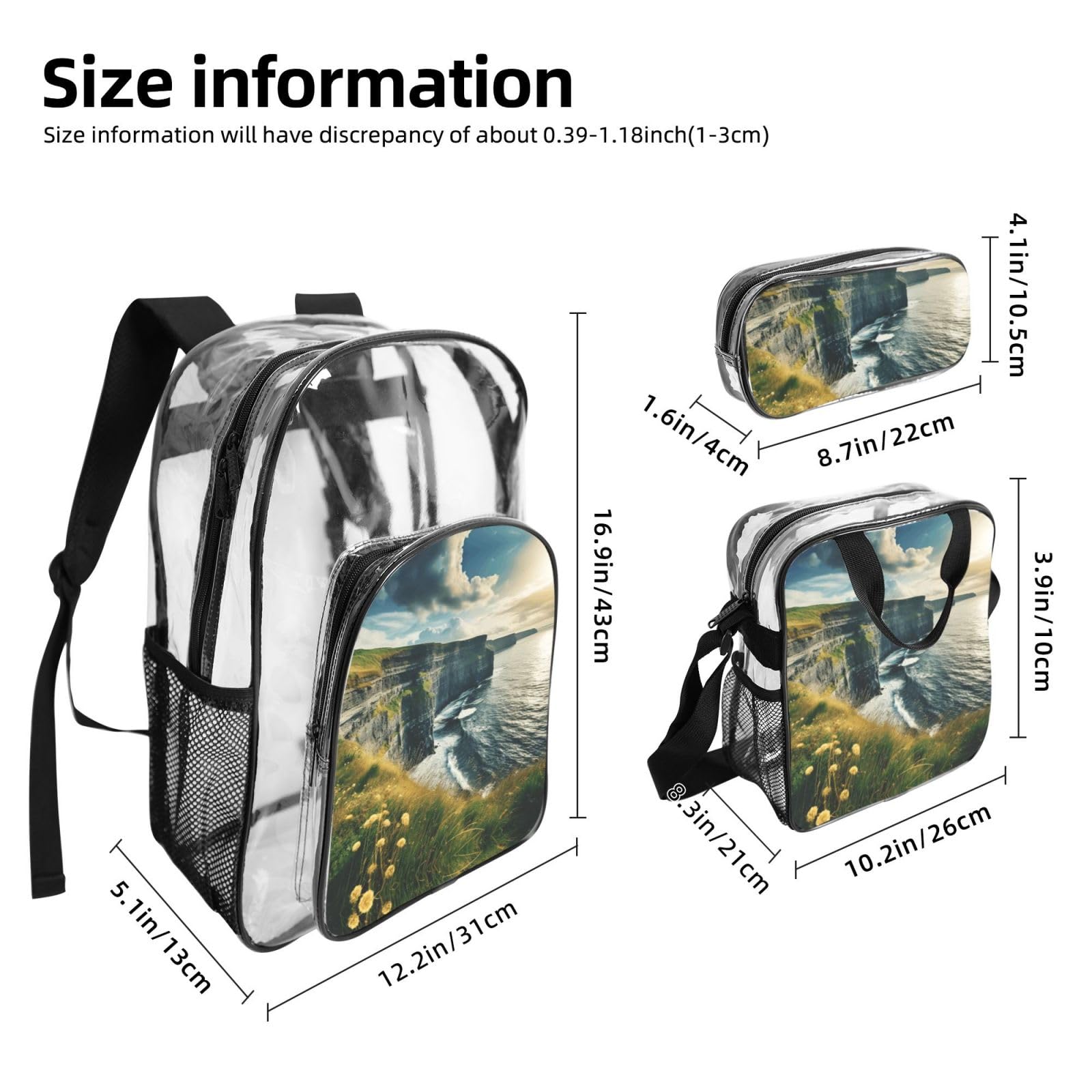 Ireland Outdoors County Clare The Cliffs Set zaino stampato 3 in 1 Set di borse trasparenti per scuola, lavoro, stadio, eventi e trasporto quotidiano
