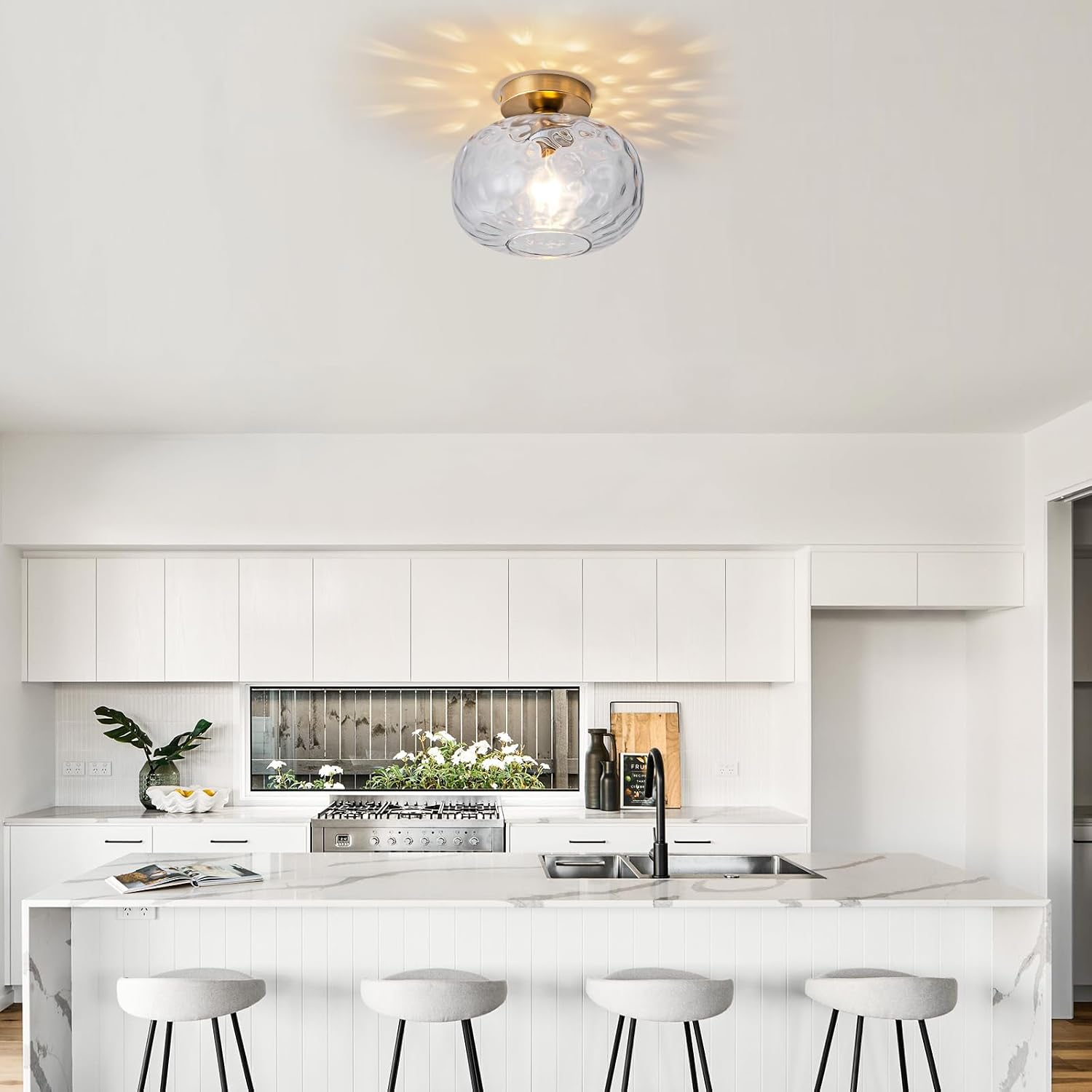 WILON Bathroom Semi Flush Mount Ceiling Light with Clear Hammered Glass Lampshade, 9.84"/250mm Laundry Room Light Fixtures for Kitchen Hallway Entryway Bedroom Foyer (Brass)