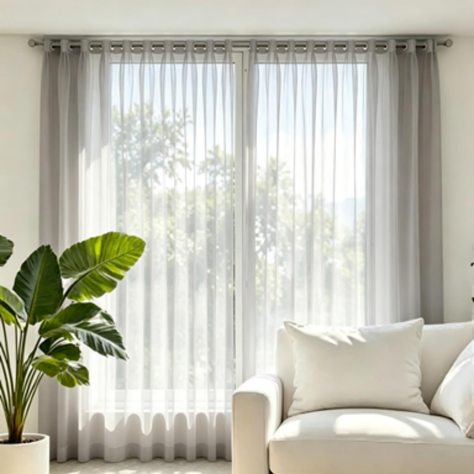 FEIJDON Semi Sheer Curtains 145 x 195 cm Elegant Sheer Tulle, Airy Soft Voile Drapes Curtains – Energy-Saving Privacy Panels with UV Light for Kitchen, Patio, Hotel, Grey