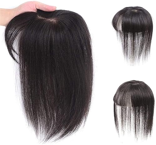 Extensión de cabello humano liso con flequillo, 3 x 4 pulgadas, extensiones invisibles de seda para mujer, 10 pulgadas, marrón oscuro