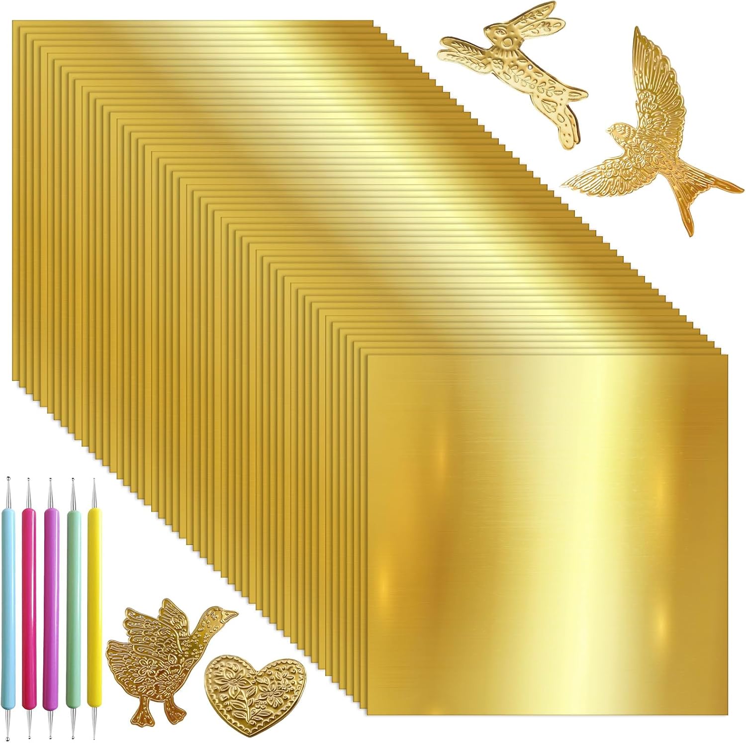 Supkiir 105pcs Gold Embossing Foil Sheets, 5.9 x 5.7 Inch Aluminum Metal Crafts DIY Foil Sheets with 5 Embossing Tools, Heavy Duty Aluminum Foil Sheet for Crafts Painting Engraving and Art Project