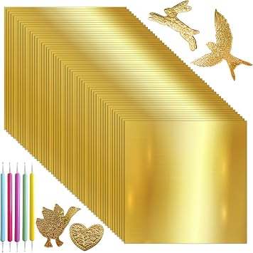 Supkiir 105pcs Gold Embossing Foil Sheets, 5.9 x 5.7 Inch Aluminum Metal Crafts DIY Foil Sheets with 5 Embossing Tools, Heavy Duty Aluminum Foil Sheet for Crafts Painting Engraving and Art Project