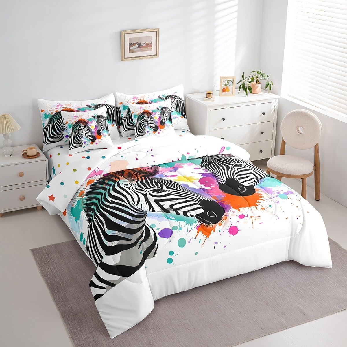 Feelyou Kids Zebra Twin Bed in a Bag 7 Pieces Boys Girls Graffiti Comforter Set with Sheets Graffiti Zebra Bedding Sets with Comforter, Pillowcases, Flat Sheet, Fitted Sheet and Cushion Cover