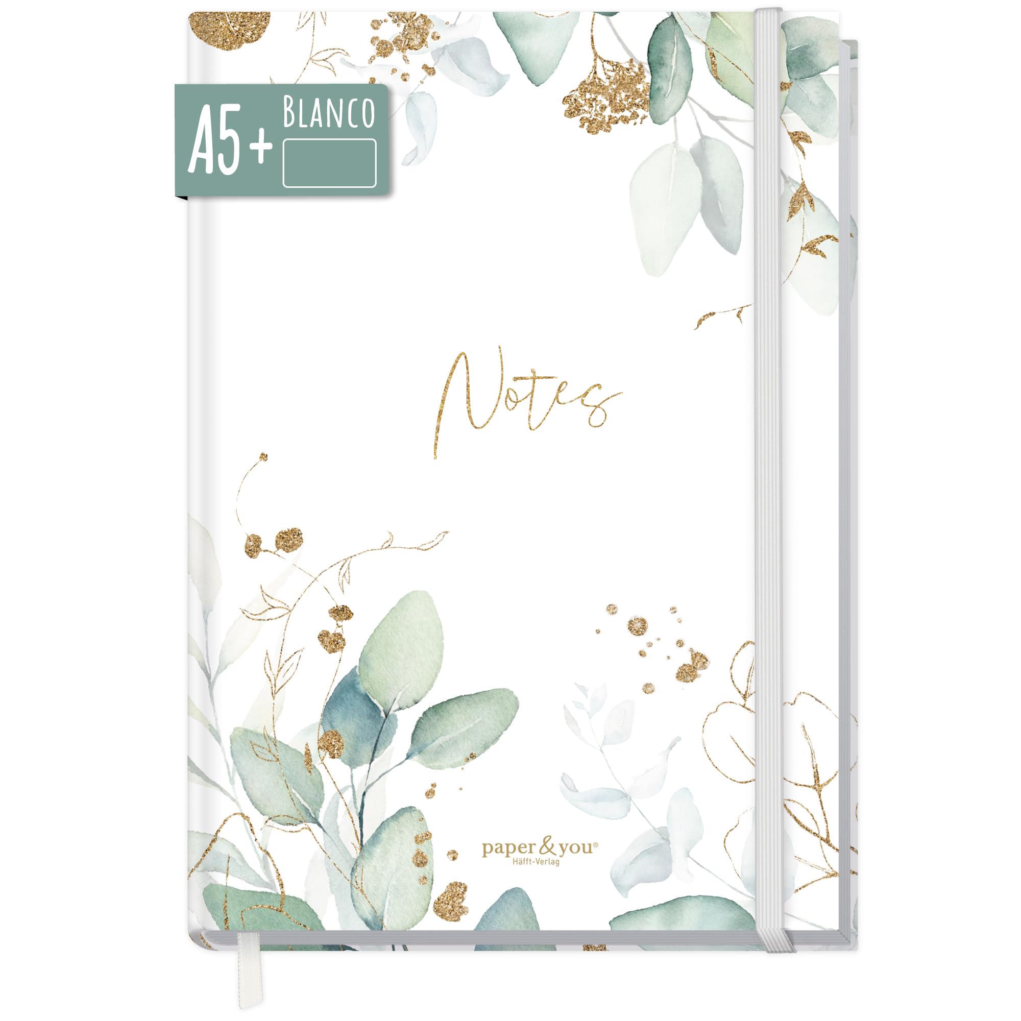 paper&you® cuaderno A5+ en blanco con banda elástica [pan de oro] 156 páginas, 78 hojas | como bullet journal, cuaderno de bocetos, diario, libreta | sostenible y climáticamente neutro