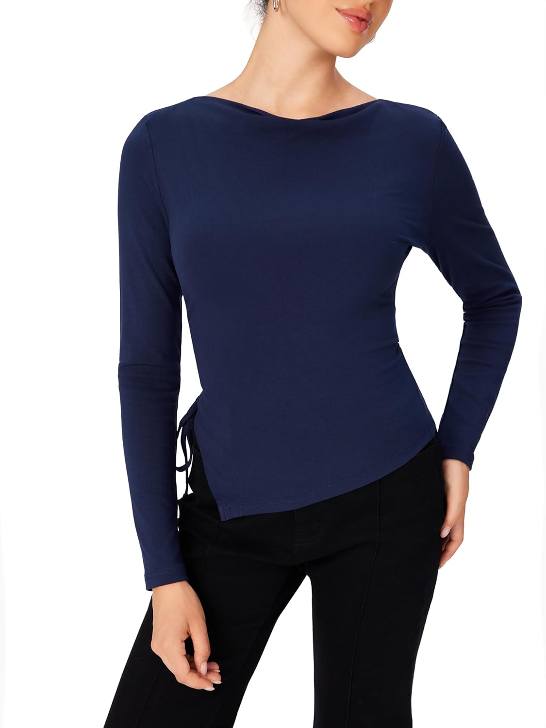 CIDER Boat Neck Tops for Women Asymmetrical Hem Long Sleeve Shirts Bow Tie Crop Tops Slim Fit Trendy Fall Outfits - Image 4