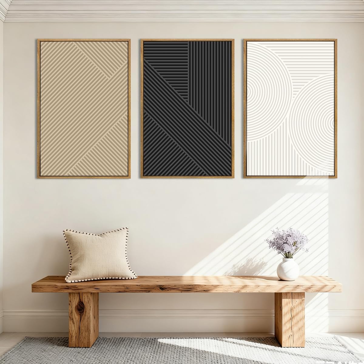 Anyzal Large Framed Black Abstract Wall Art 16x24 Inch Boho Modern Canvas Wall Decor Neutral Minimalist Line Artwork for Living Room Bedroom Dining Room Set of 3
