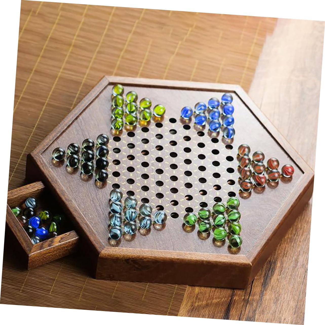 Toddmomy Jeu de Dames Traditionnel Chinois Bois avec Billes Plateau Hexagonal à Tiroir pour Garçon Fille et Adultes Jeu de Société Éducatif et Rangement Facile