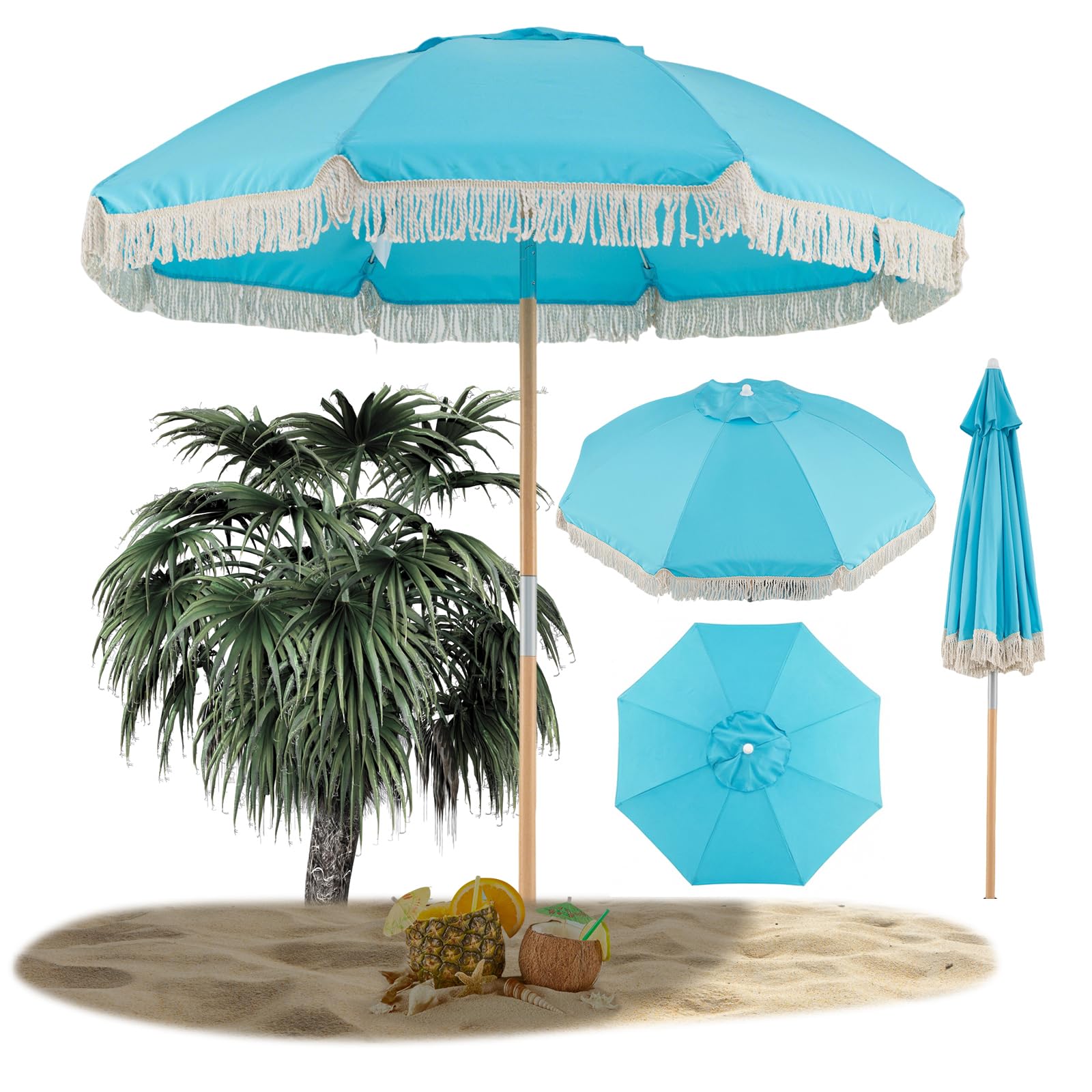 RELAX4LIFE Parasol de Plage Vintage à Franges Ø170cm Inclinable à 30°