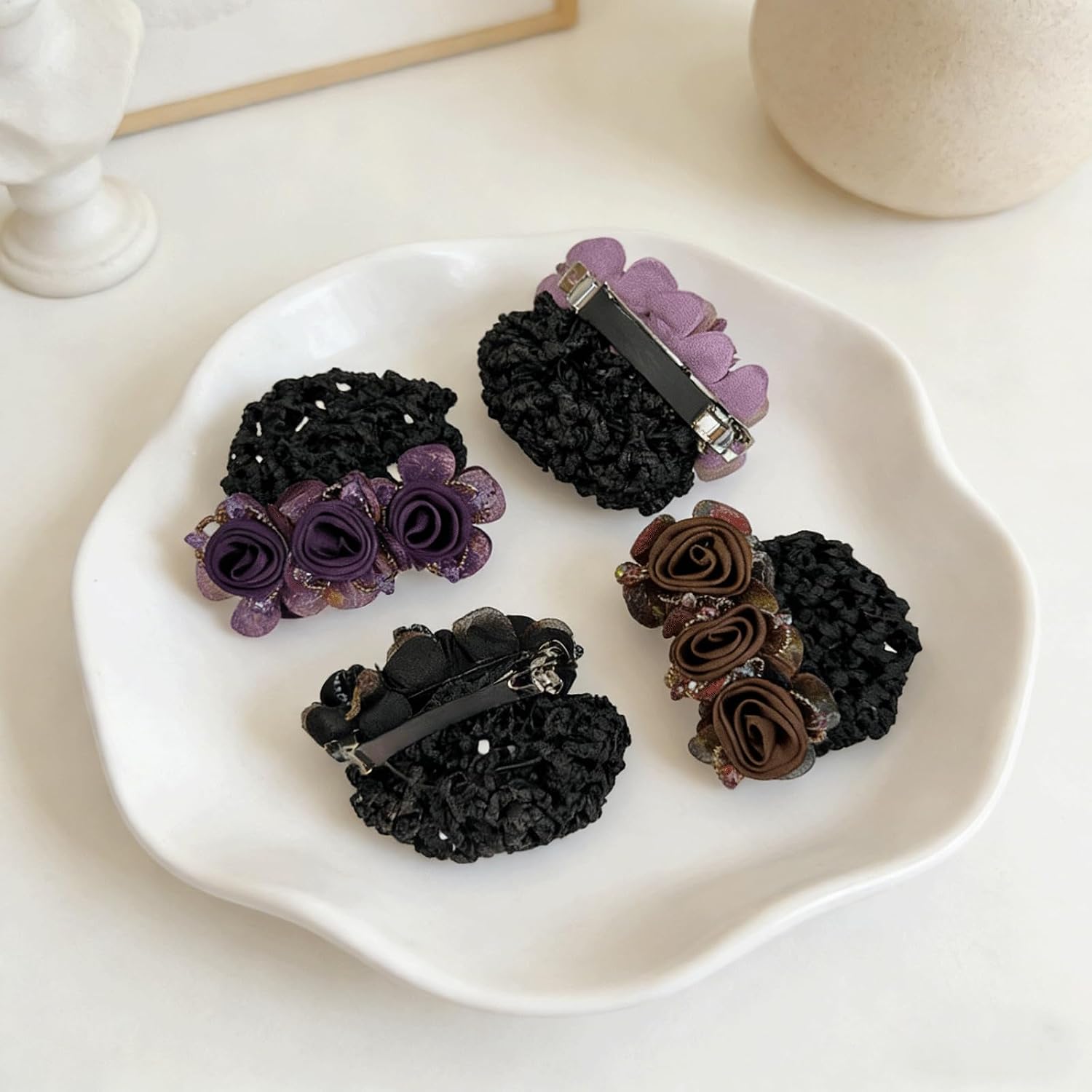 4PCS Flower Hair Bun Holder Covers, 4 Colors Hair Net Snood Pocket, Elegant Hair Clip Accessories for Daily Hairstyle Party Performance Work Weddings and Special Occasions for Women