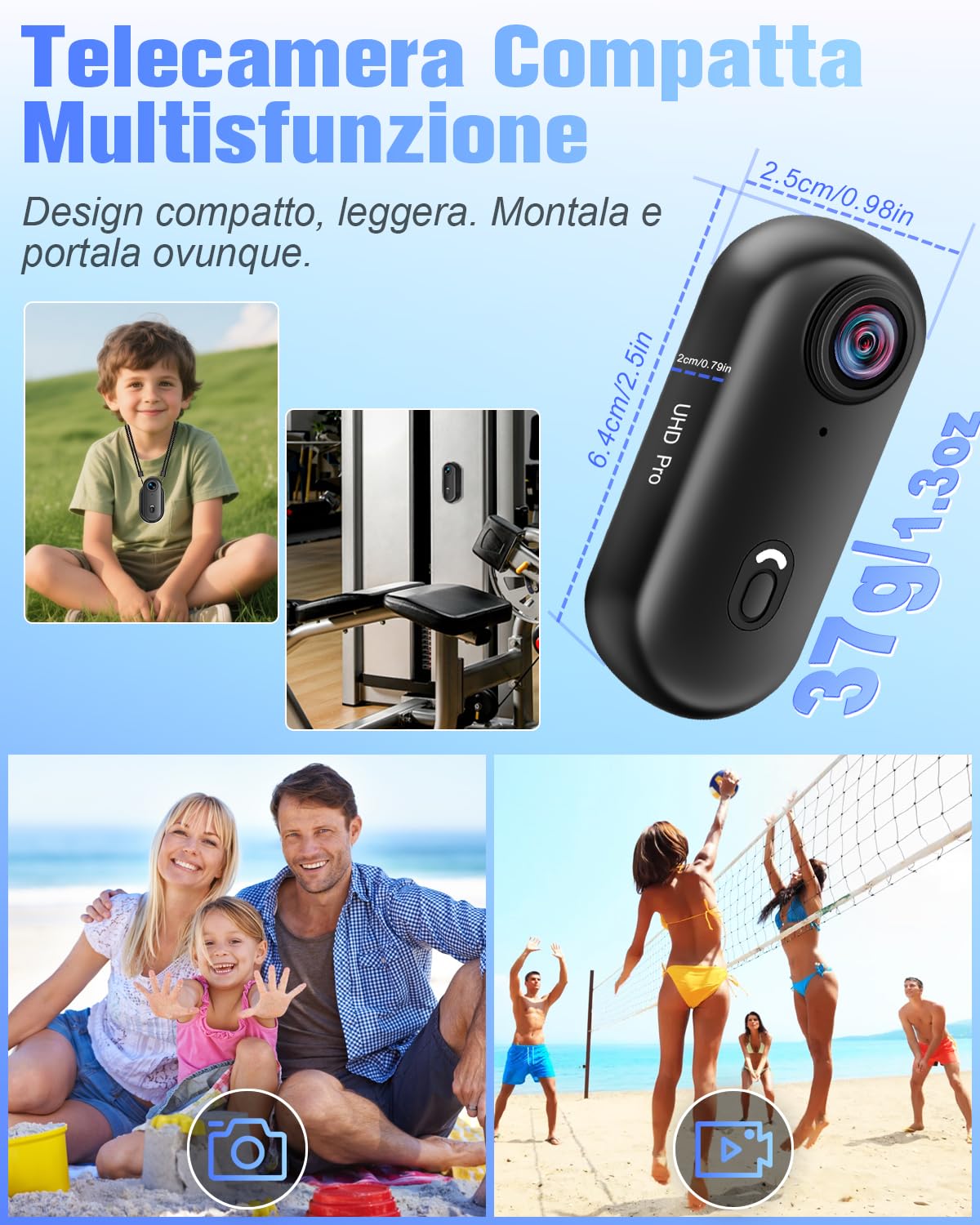 Action Cam 4K, Fotocamera Subacquea 30M, 120° Videocamera Sportiva WiFi Mini Telecamera Sportiva Body Cam Telecamera per Pollici Bici Moto Casco Sci Surf con Accesorios Multiples