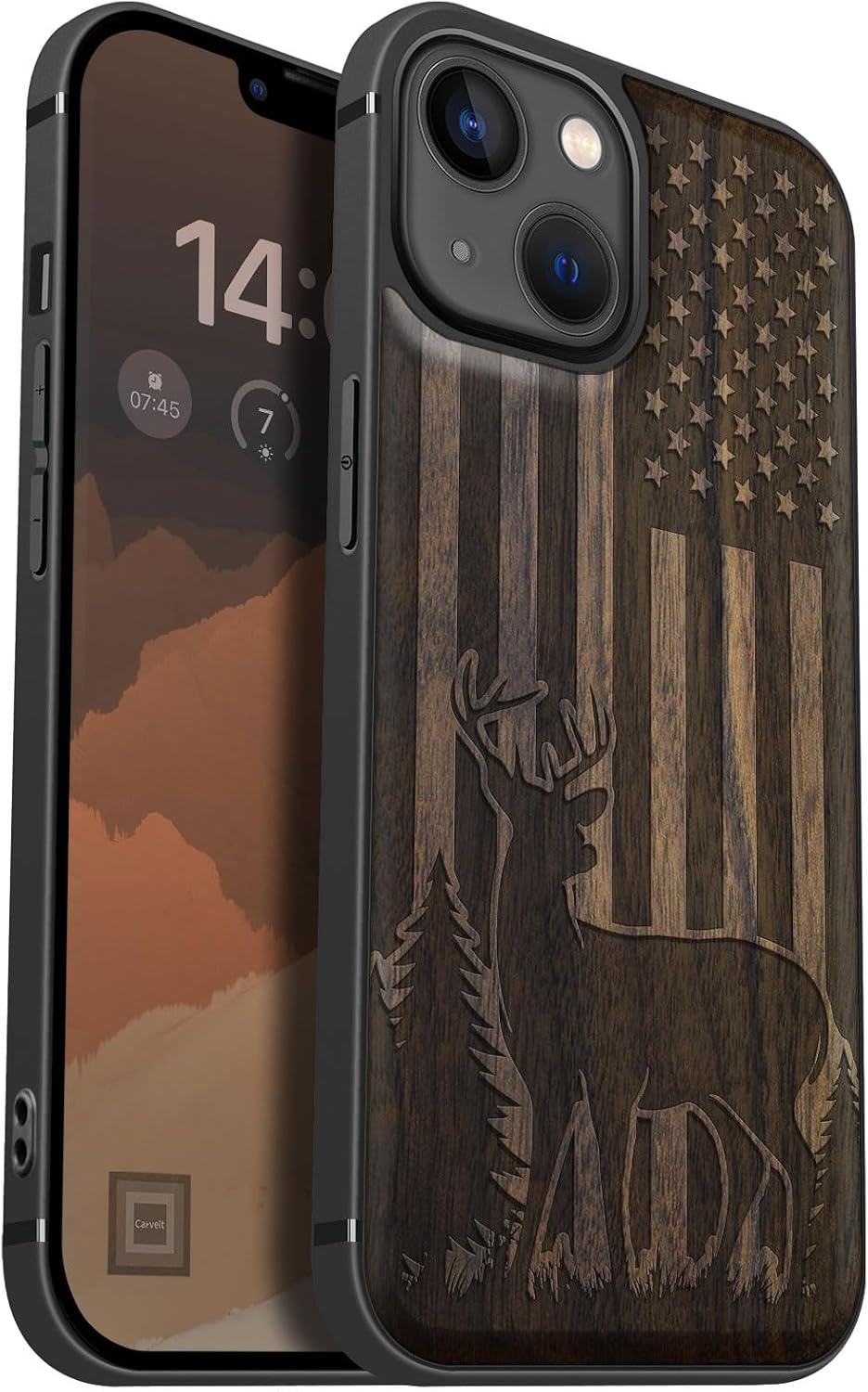 Carveit Magnetic Wood Case for iPhone 13 Case [Hard Real Wood & Soft TPU] Unique & Classy Wooden Shockproof Hybrid Protective Cover Compatible with MagSafe (Patriotic Deer Silhouette -Walnut)