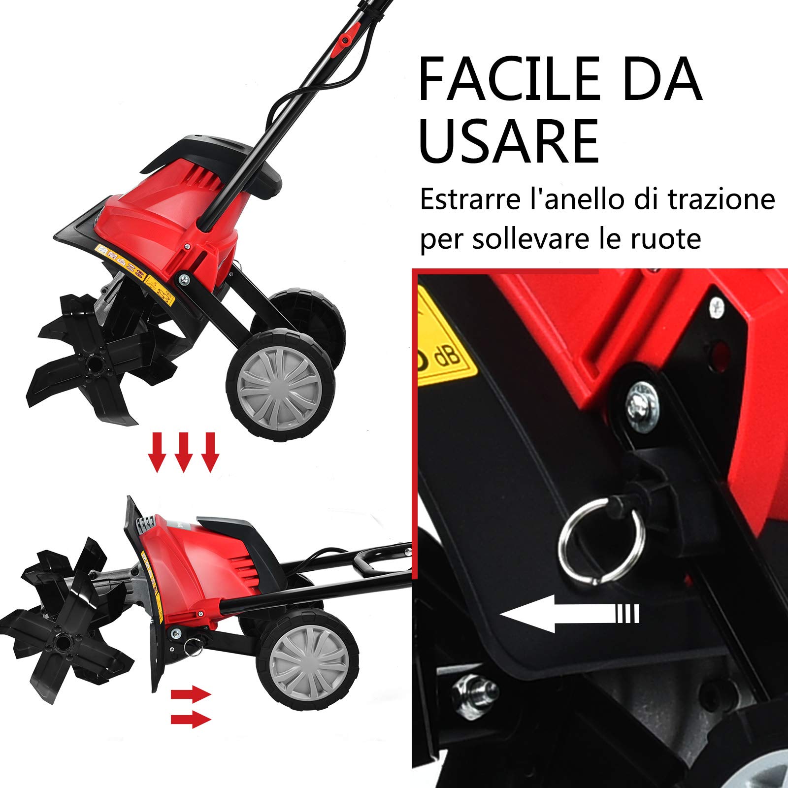 COSTWAY Motozappa Elettrica 1200W/1500W, Zappatrice Elettrica con Maniglia Pieghevole, Ruote Regolabili, 4/6 Lame, Velocità 365/400 PRM, Profondità 22 cm, Larghezza 35/43 cm (Rosso, 1200 W)