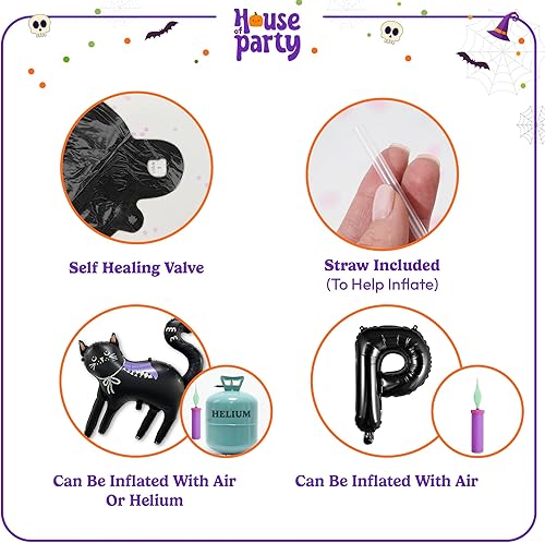 Miniatura 6 de HOUSE OF PARTY Kit de fiesta de globos de Halloween de gato negro extragrande de 29.5 x 32 pulgadas, 2 juegos de globos de letras "Witch Please" +