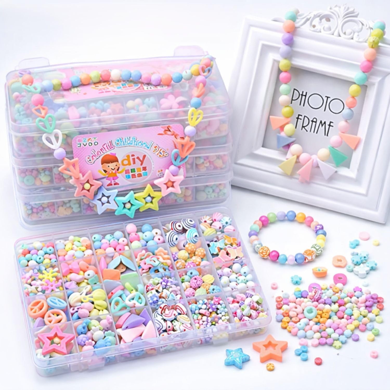 SYGA Plastic Beads for Kids Crafts Children's Jewelry Making Kit DIY Bracelets Necklace Hairband and Rings Craft Kits Birthday for 4, 5, 6, 7-Year-Old Little Girls(DIYBeadsSet-9) Multicolor