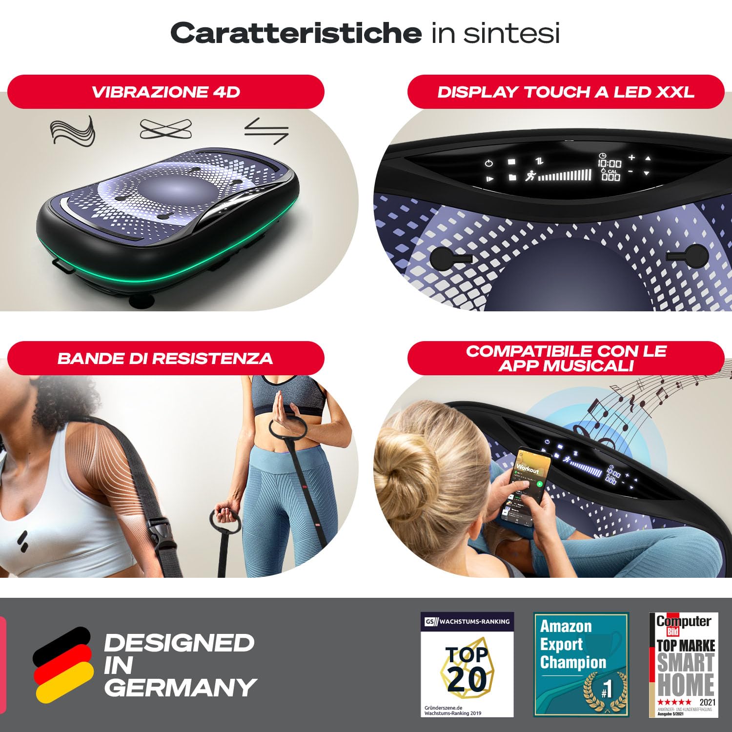 Sportstech Piastra vibrante 4D Premium | Smart LED I 3 motori silenziosi I Next-Level Training con sedile, maniglie per flessioni ecc. Display Color Touch + Bluetooth I Fitness & Yoga per la casa |