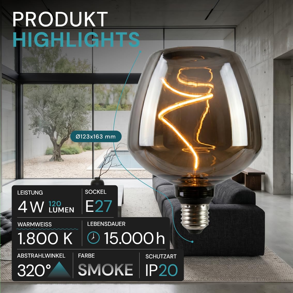 LUXULA E27 LED Vintage Glühbirne XL Leuchtmittel, Weinglas Smoke, 4 Stück | Retro Glühbirne E27, Filament Leuchtmittel dimmbar, Vintage Deko Lampe, 4W, 200lm, 1800K warmweiß, Smoke Glas, Ø123x163mm