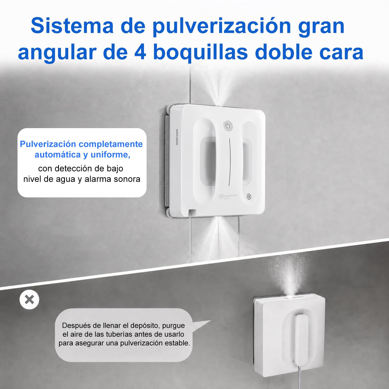 Robot limpiacristales con pulverización automática, App y Mando | 4 boquillas de pulverización · Bomba de agua · 4 modos de limpieza · Control remoto · Adhesión segura