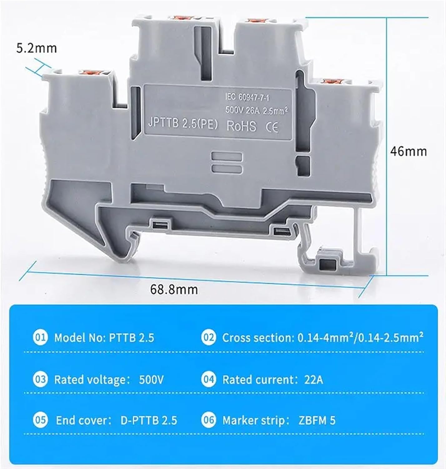 10Pcs PTTB-2.5 Din Rail Terminal Block 4 Colors Electrical Connector Double Layer Spring Wire Connection Wire Conductor PTTB2.5