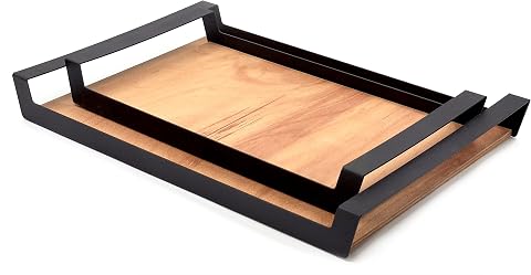 pratikoutdoor Küçük Ham Renk Servis ve Sunum Tepsisi, Metal Kulplu Ahşap Tepsi - 42X22,5 cm