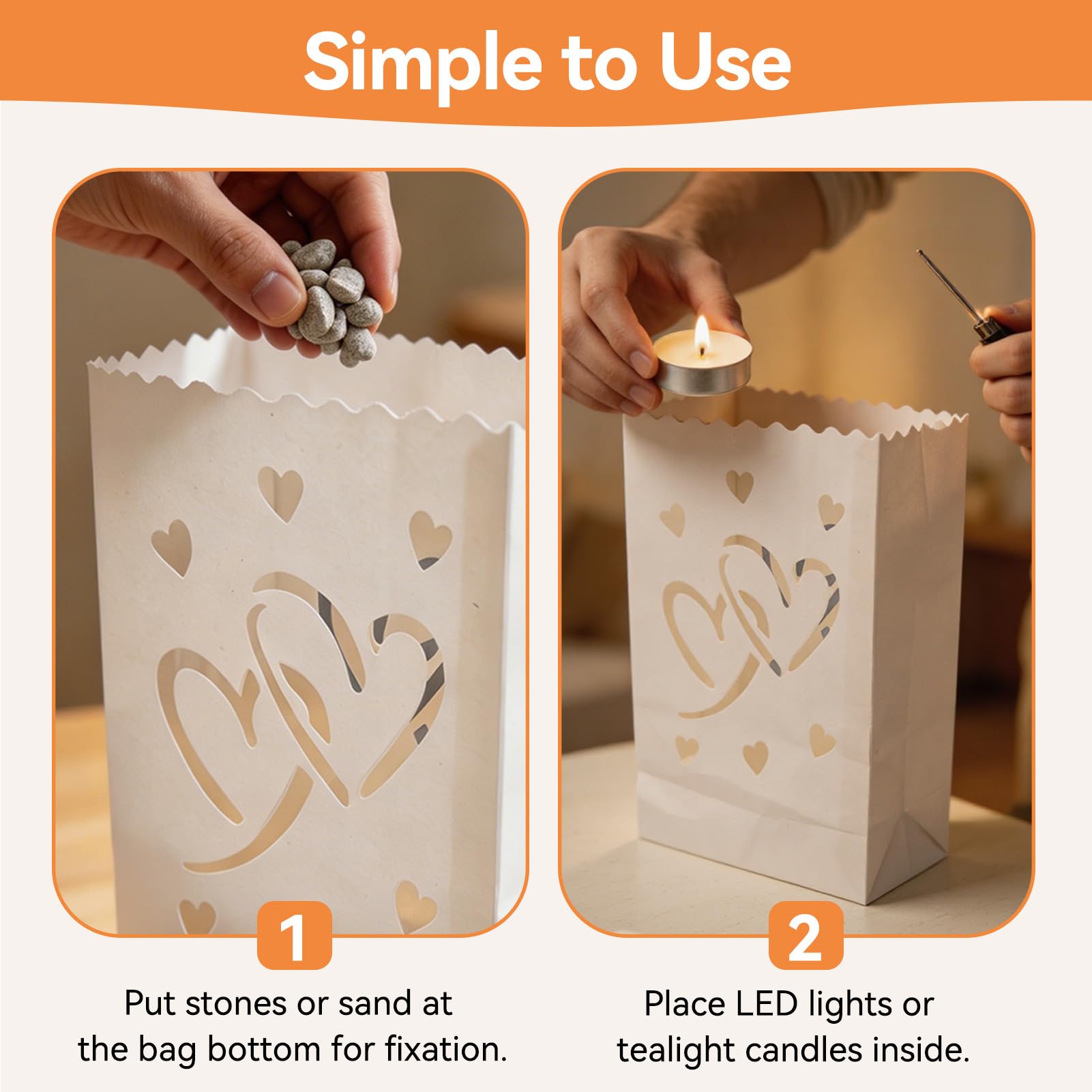 HERCHR 20 Pezzi Sacchetti Portacandele Luminari, Lanterne di Carta Resistenti alla Fiamma con Cuori, Lanternine a Tea Light per Matrimoni, Halloween, Ringraziamento