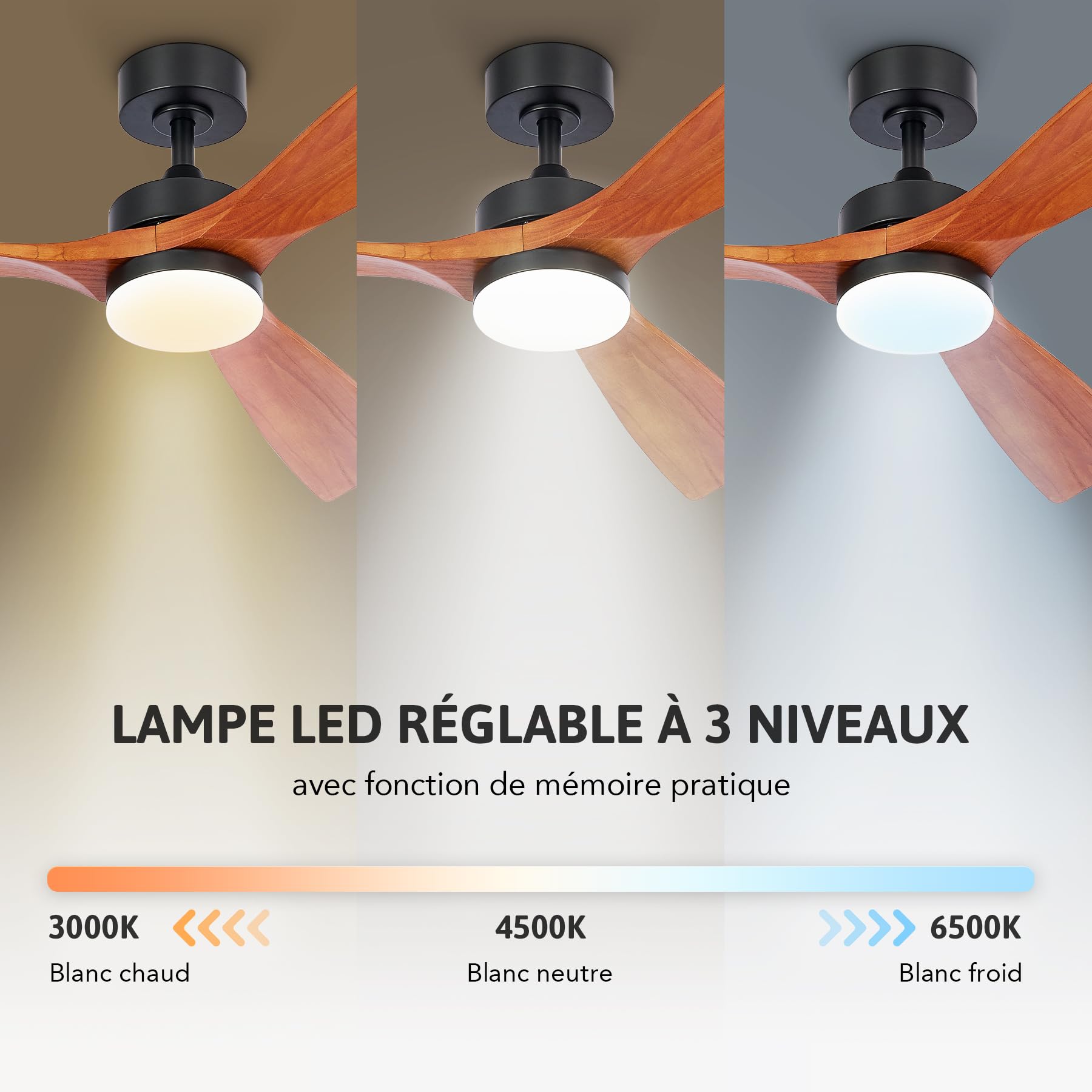 VONLUCE Ventilateur de Plafond avec Lumière Ø132CM 52 Pouces Bois Télécommande 3 Lames Moteur DC Réversible Mode Été-Hiver Silencieux 6 Vitesses 30W Noyer