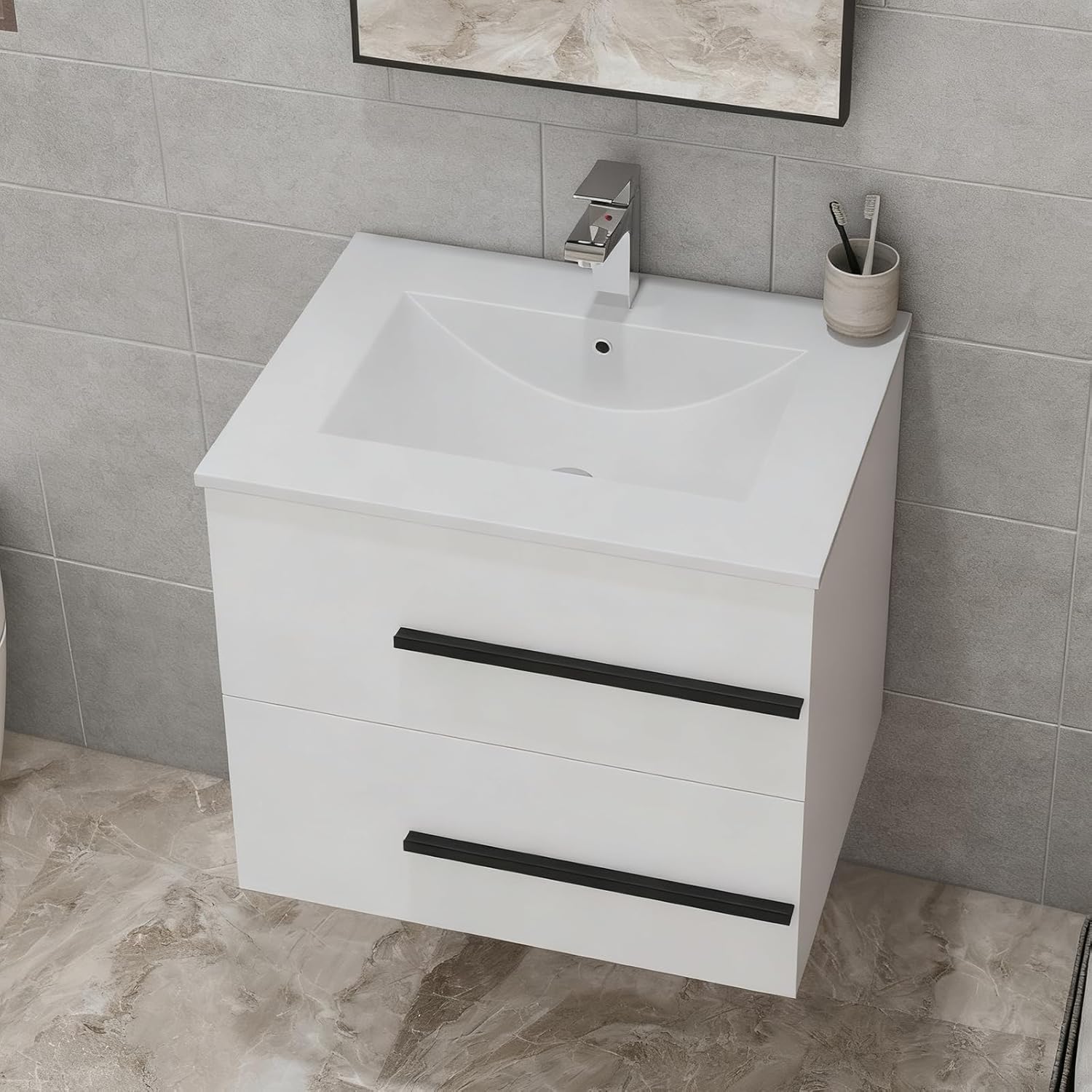 24 inch Floating Bathroom Vanity with Sink, Space Saving Fluted Design for Small Bathrooms, Drawers & Black Handles White