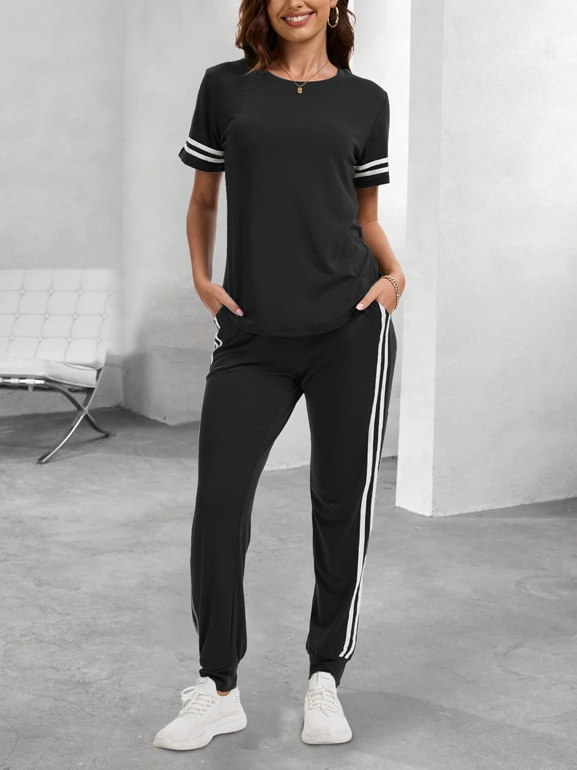 KBKBSN Women 2 Piece Outfits Summer Set Striped Short Sleeve Sweatsuits Crew Neck Pullover Lounge Tracksuit with Pocket Black L - Image 2