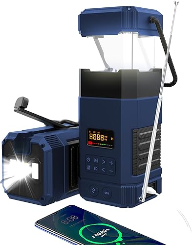 Libovgogo Linterna LED de emergencia DF-585, IPX5, altavoz Bluetooth estéreo impermeable, manivela NOAA radio de alerta meteorológica con solar,