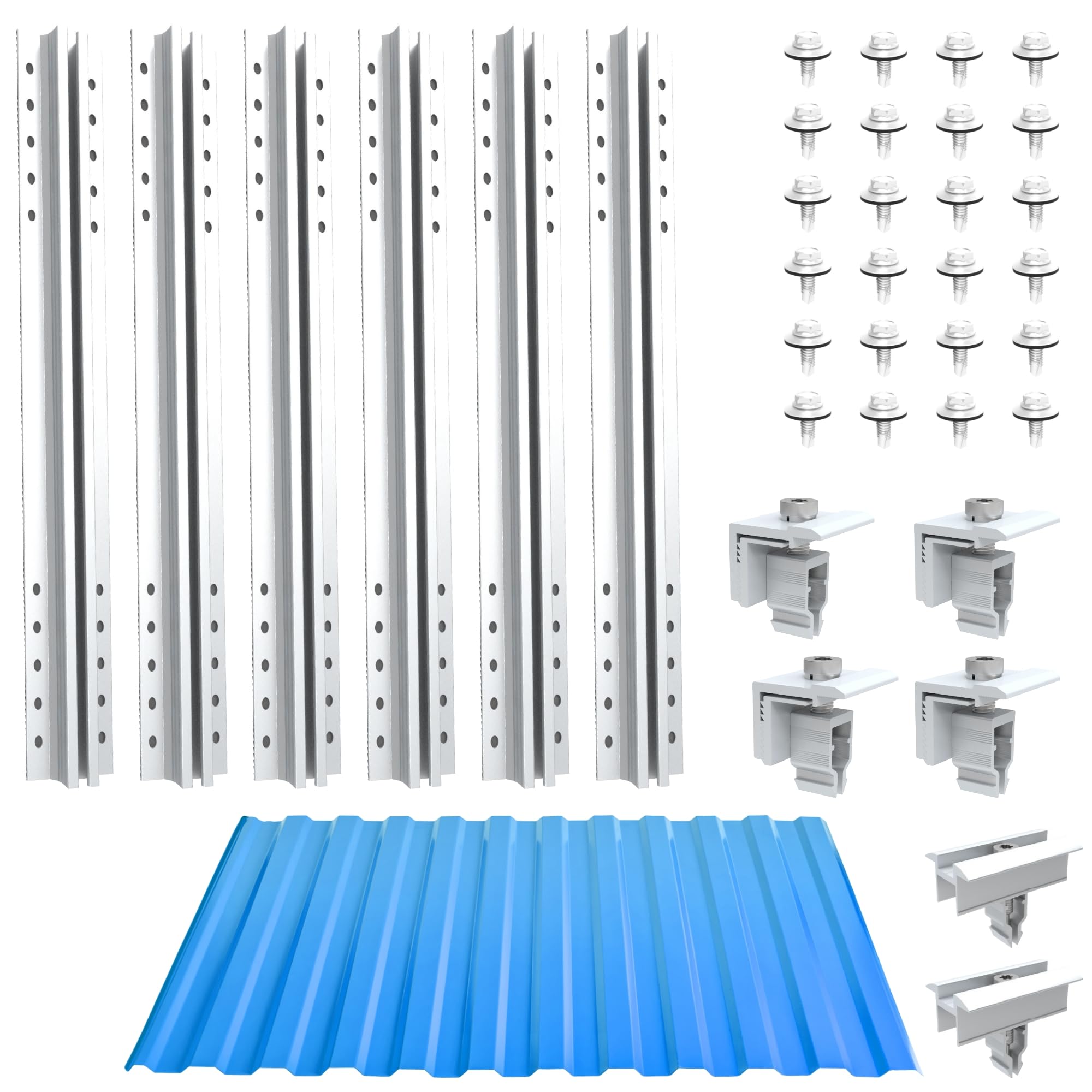 Kit de montage photovoltaïque pour toit en tôle trapézoïdale | Fixation pour 2 modules | Profil T 40 cm | Support avec pince d'extrémité et centrale, et vis