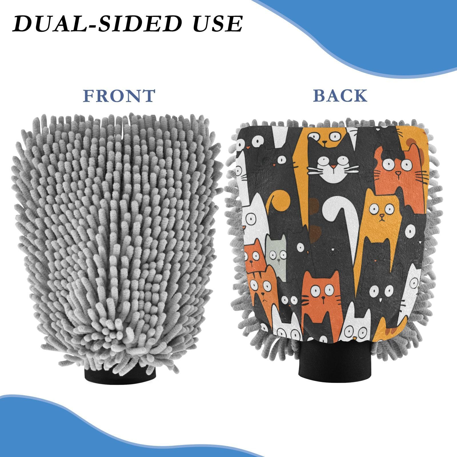 ALAZA Cats Kitten Cartoon Car Wash Mitt Scratch Free, 2 Pack Absorbent Microfiber/Chenille Washing & Drying Mitts, M