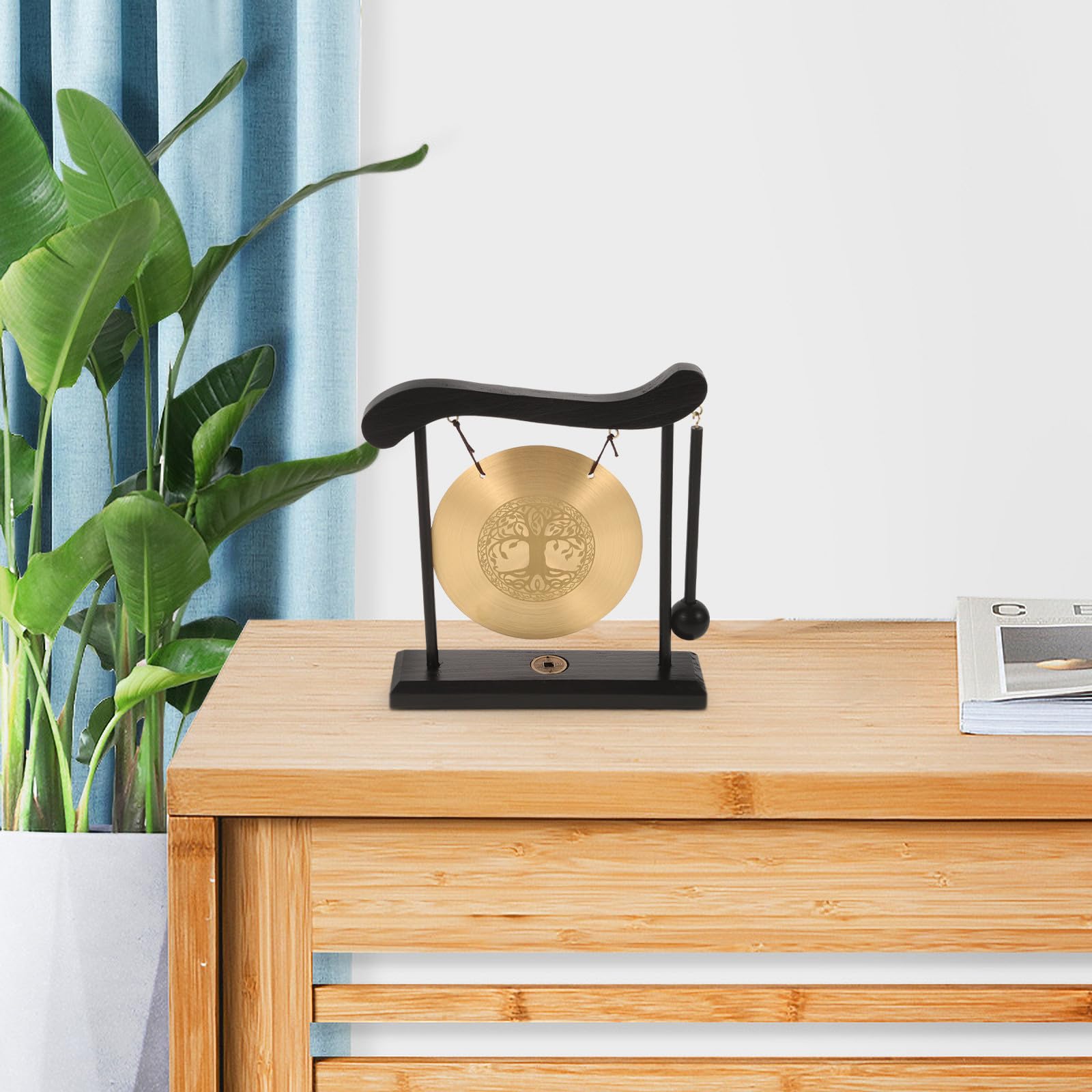 Kichvoe Gong Estable y de Cobre y Madera de Escritorio Decorativo con Patrón de Árbol Vida para Interior del Hogar