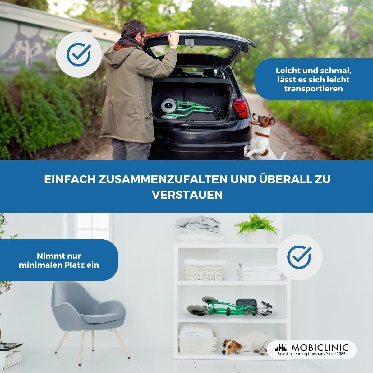 Mobiclinic®, Rollator mit 3 Rädern, Faltbar, Höhenverstellbare, mit Korb, Tasche und Handbremsen, Leicht, Gehhilfe für Senioren, Grün, Caleta