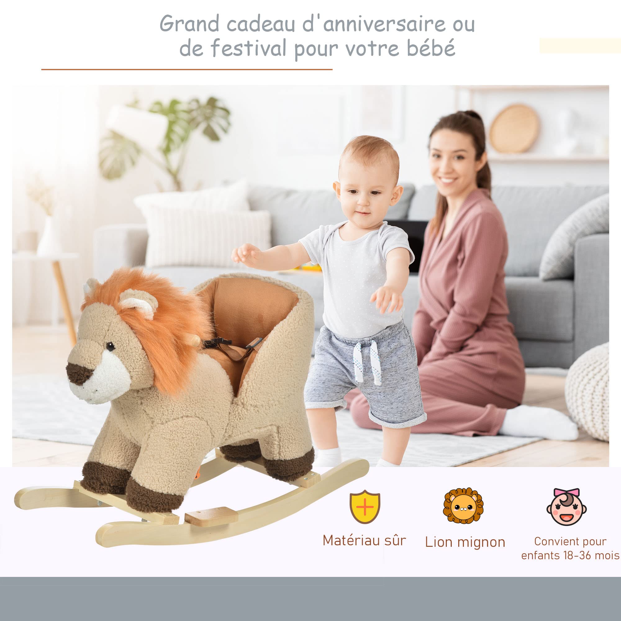 HOMCOM Cheval à Bascule Lion Musical Selle Confort Peluche Douce Enfants 18-36 Mois Bois Peuplier Marron 68x35x50 cm