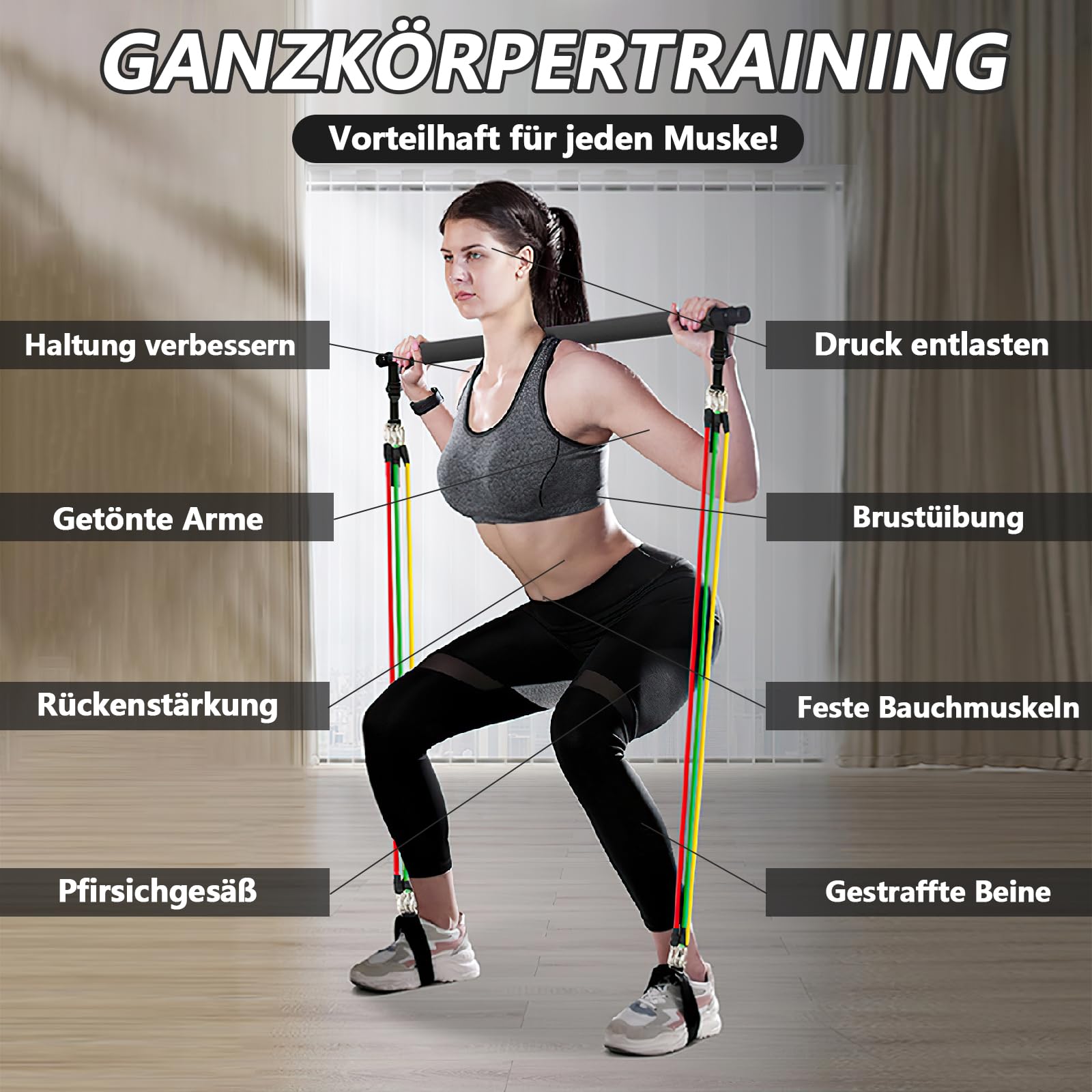 W&H Pilates Bar Set, Komplettpaket für Fitnesstraining mit 6 Widerstandsbändern 13,6/18,2/22,7 kg (30/40/50 LBS), Pilates Bar, Griffe, Türanker, Fußgurte