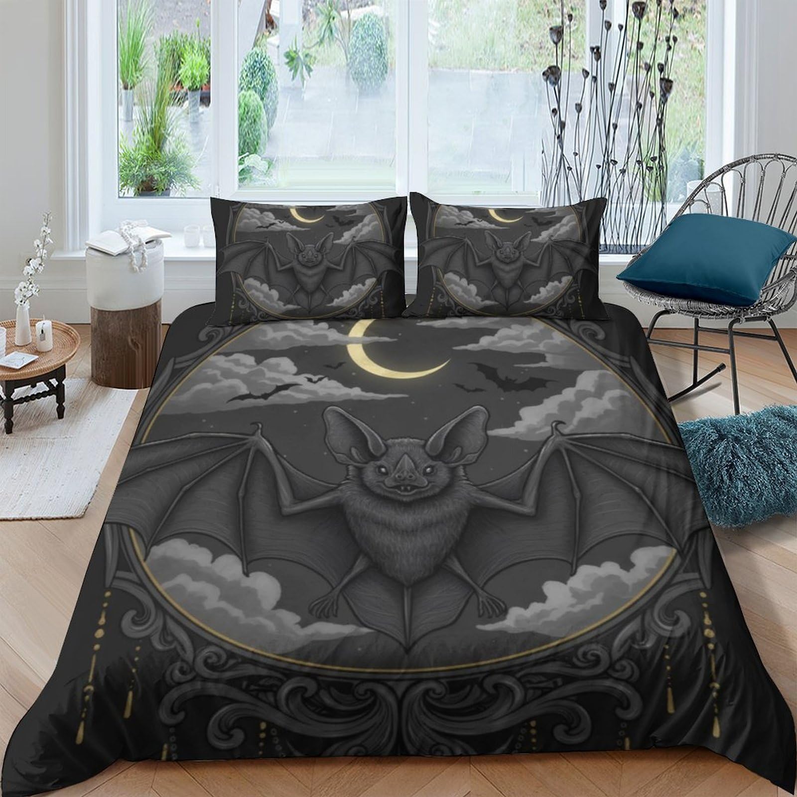 UNRXJZLVM Gothic Bat Moon Duvet Cover Set Microfiber Teen Decor