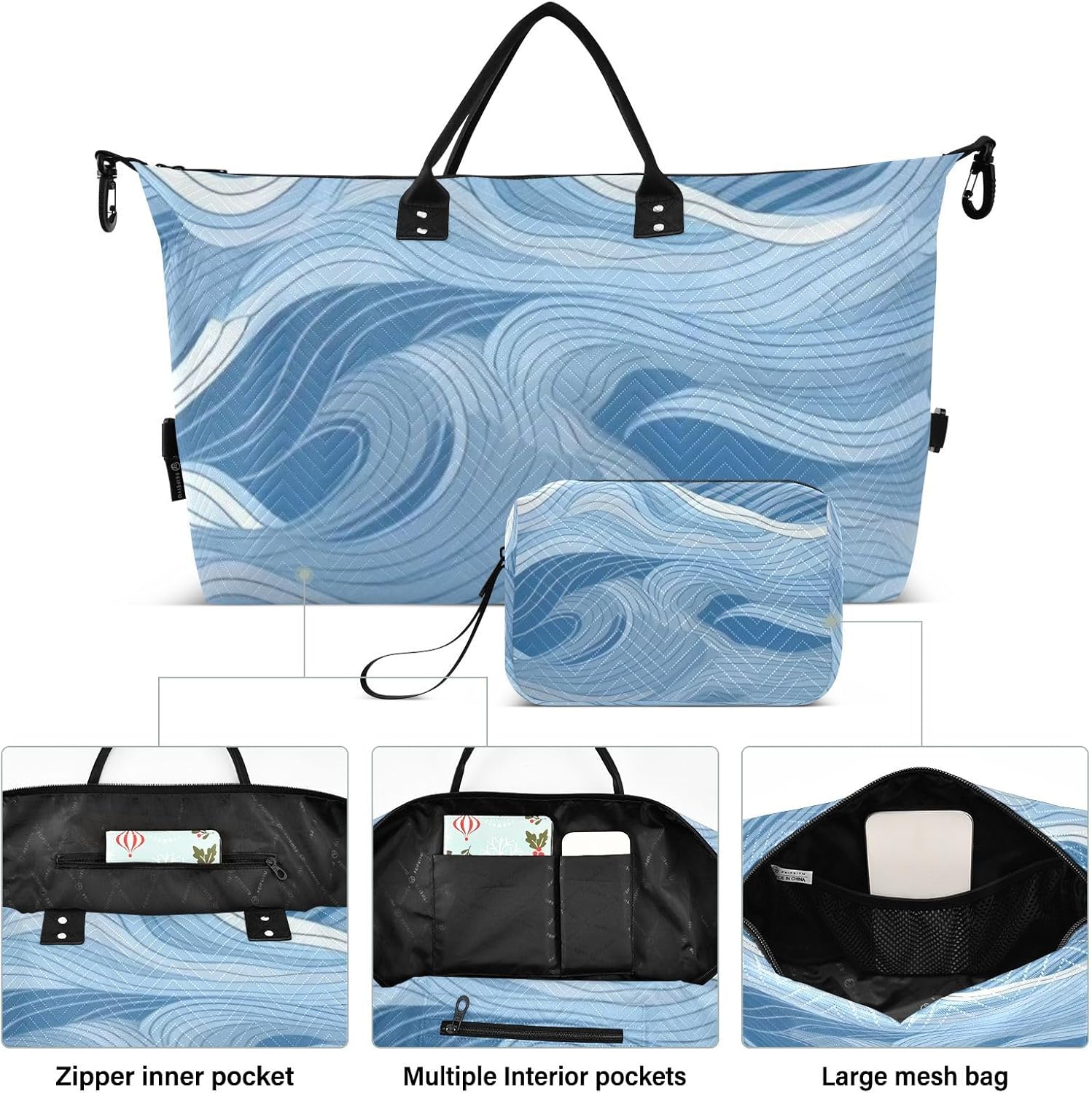 Blue Wave Ukiyo-e Duffel Bags Overnight Weekender Bags Large Gym Bag with Toiletry Bag for Sports Large Capacity