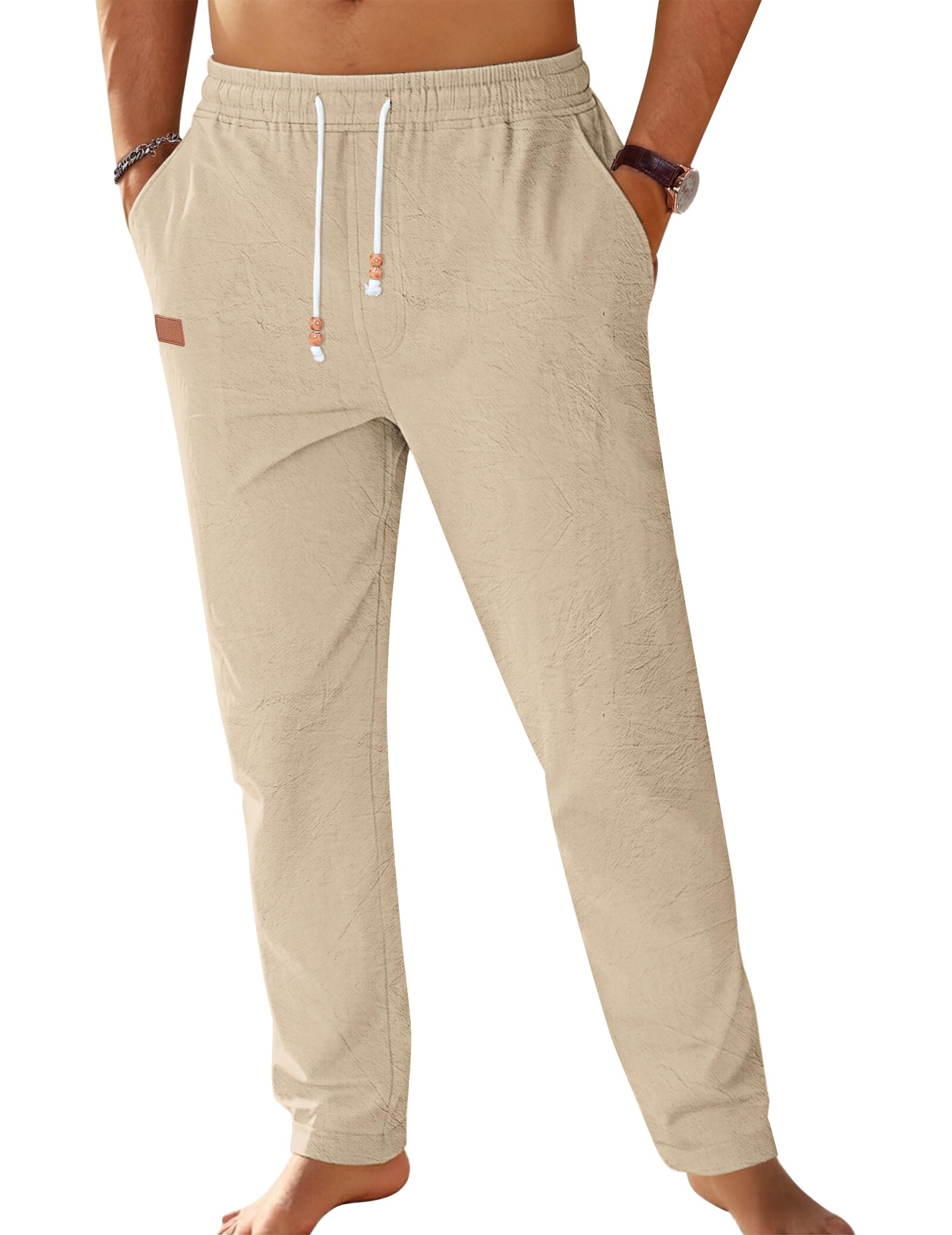 TARAINYA Pantalon Lin Homme de Loisirs avec Cordon de Taille et Poches Pantalon Homme Taille Elastique Élégance Estivale Décontractée