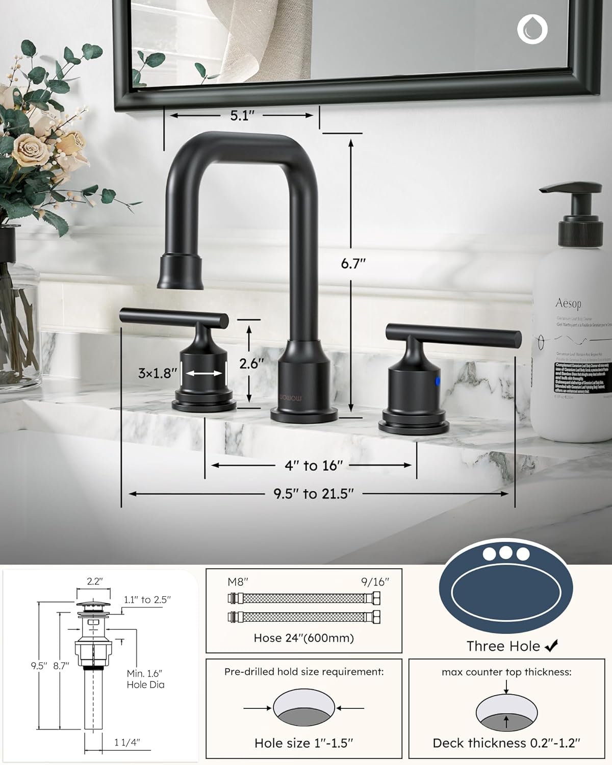 3 Hole Bathroom Faucet Black: WOWOW 8 Inch Bathroom Sink Faucet Widespread, Two Handle Vanity Taps with Pop-up Drain and Supply Lines, 360 Swivel Lavatory Tap High Arc Modern (2 Sets) - Image 8
