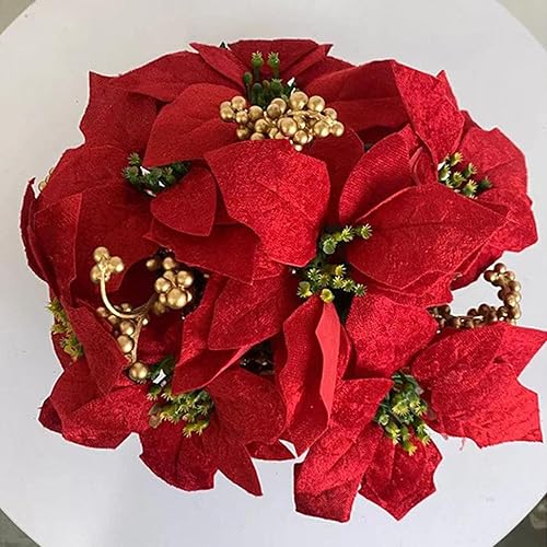 Miniatura 9 de Planta de Pascua roja de Navidad en maceta, 7 cabezas de flores de Pascua artificiales en maceta dorada, bonsái de flor de pascua falsa en maceta,