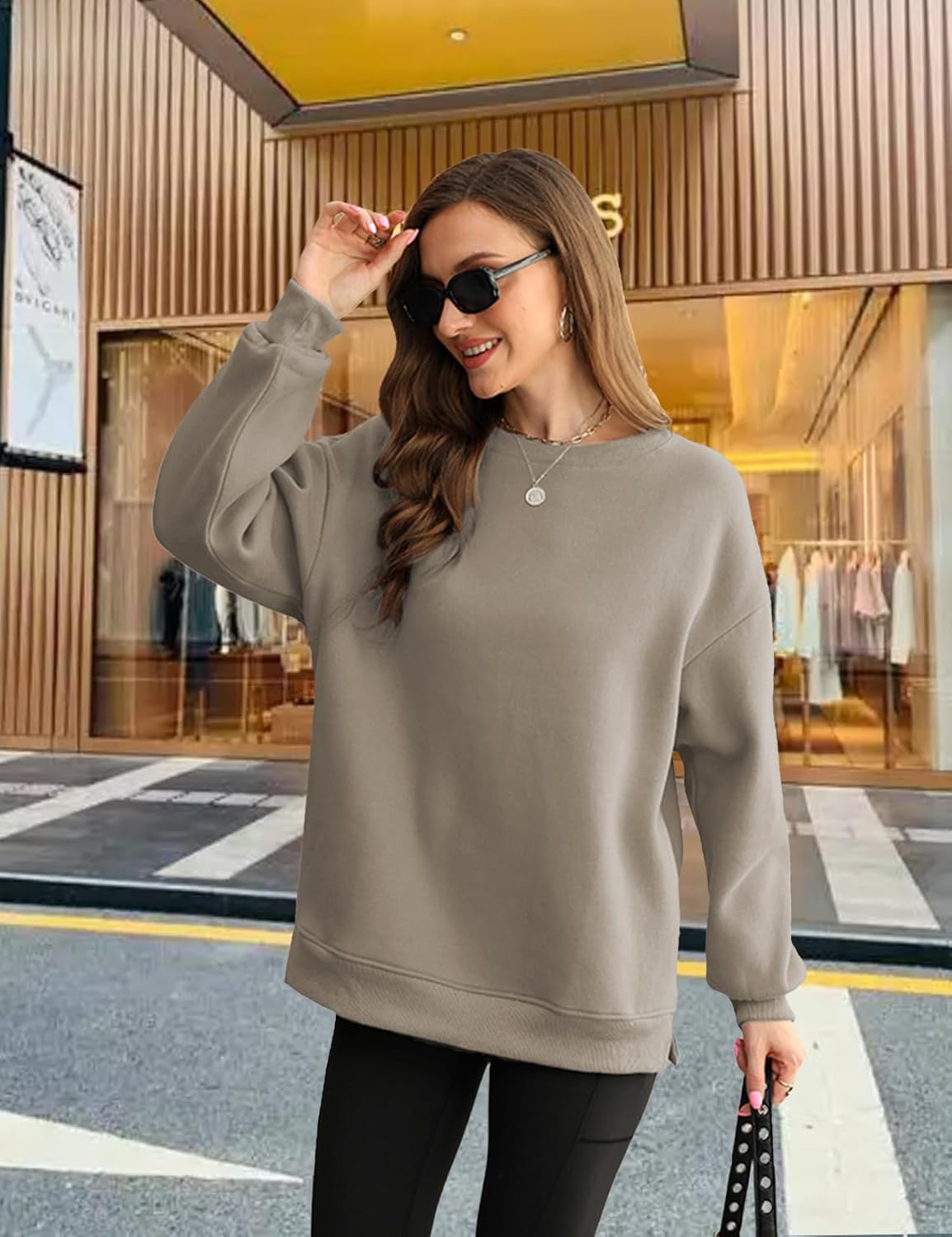 Womens Crew Neck Oversized Sweatshirt with Pockets Long Sleeve Pullover Cotton Hoodies Casual Tops Winter 2025 - Image 3
