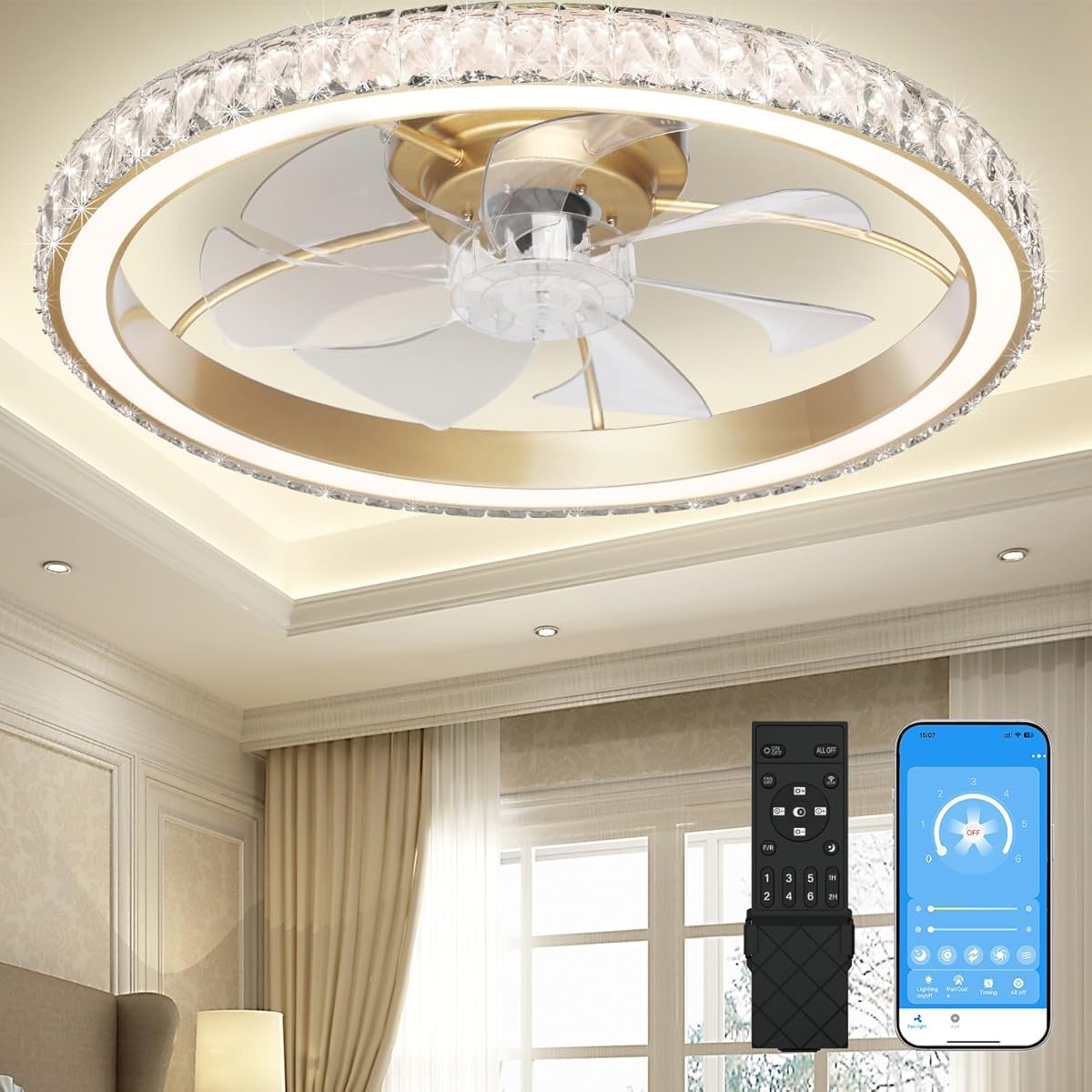 Aipsun Low Profile Modern Crystal Chandelier Ceiling Fans with Lights and Remote, 3000K-6500K Smart Bladeless LED Fan Light, 26" Gold Modern Ceiling Fans with Lights for Bedroom
